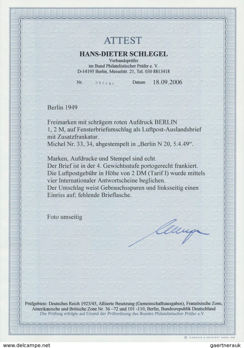 Berlin: 1949: 1 Und 2 DM Sowie 40 Pfg Rotaufdruck Zusammen Auf LP-Auslandsbrief 80 Gr Zum IAS-Tarif - Covers & Documents