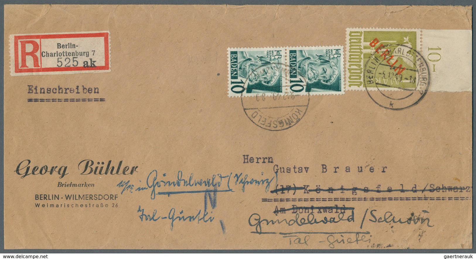 Berlin: 1949: Umschlag Georg Bühler, Briefmarken, Verkleinert Auf  20,3 X 10,7 Cm Als Einschreiben M - Covers & Documents