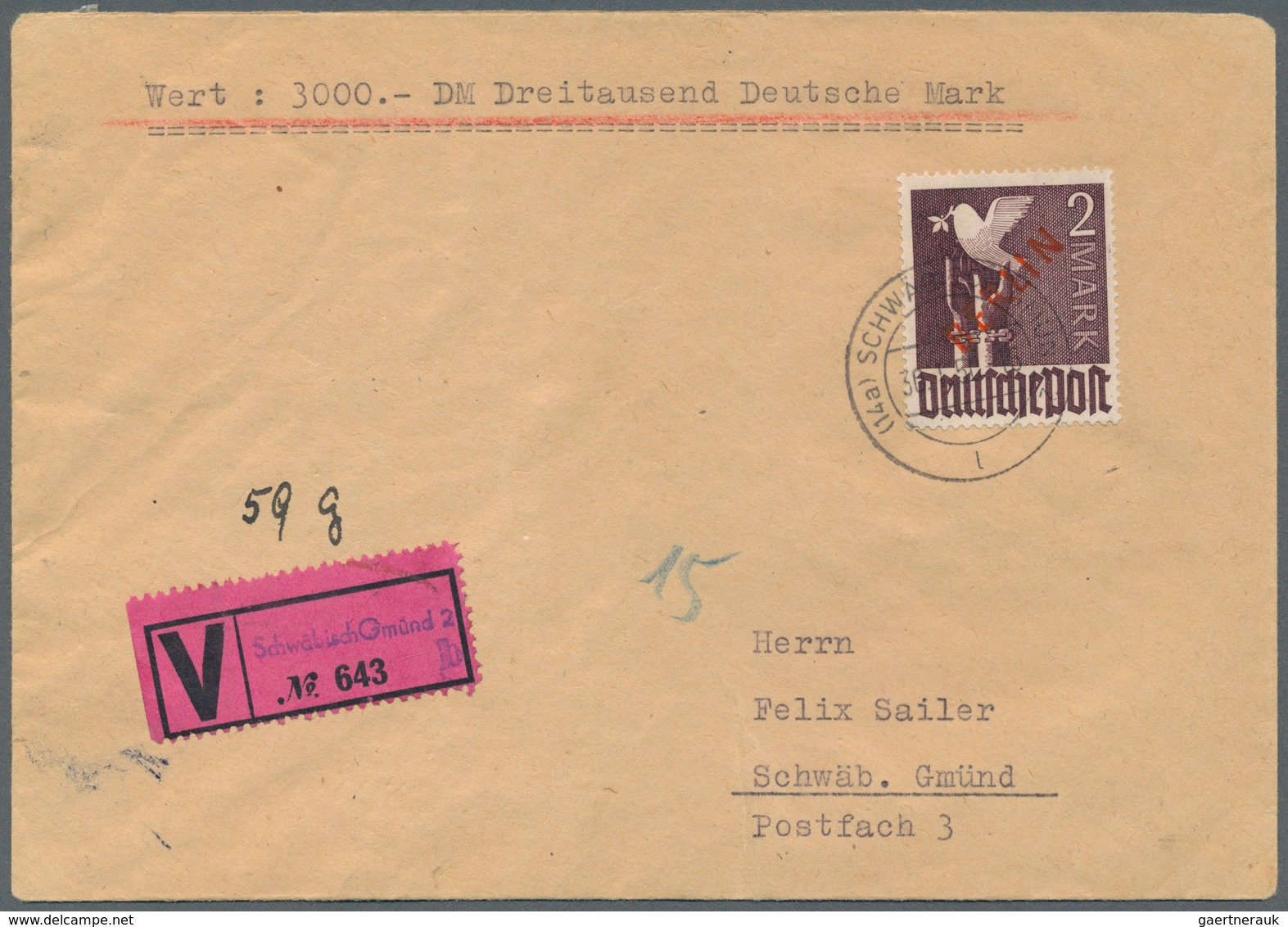 Berlin: 1950: WERTBRIEF  59g – 3000.- DM Mit DM 2.- ROTAUFDRUCK Als EF Ab Schwäbisch Gmünd 2  30.1.5 - Covers & Documents