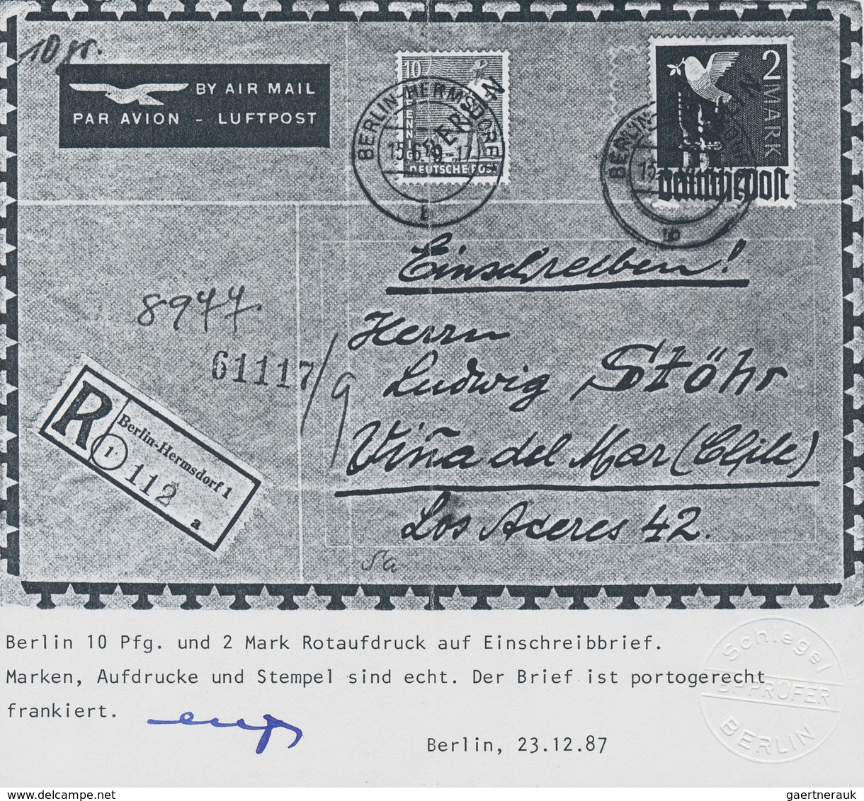 Berlin: 2 DM U. 10 Pf. Rotaufdruck Zusammen Auf Lp-Übersee-R-Bf. Zum IAS-Tarif Ab Berlin-Hermsdorf V - Covers & Documents