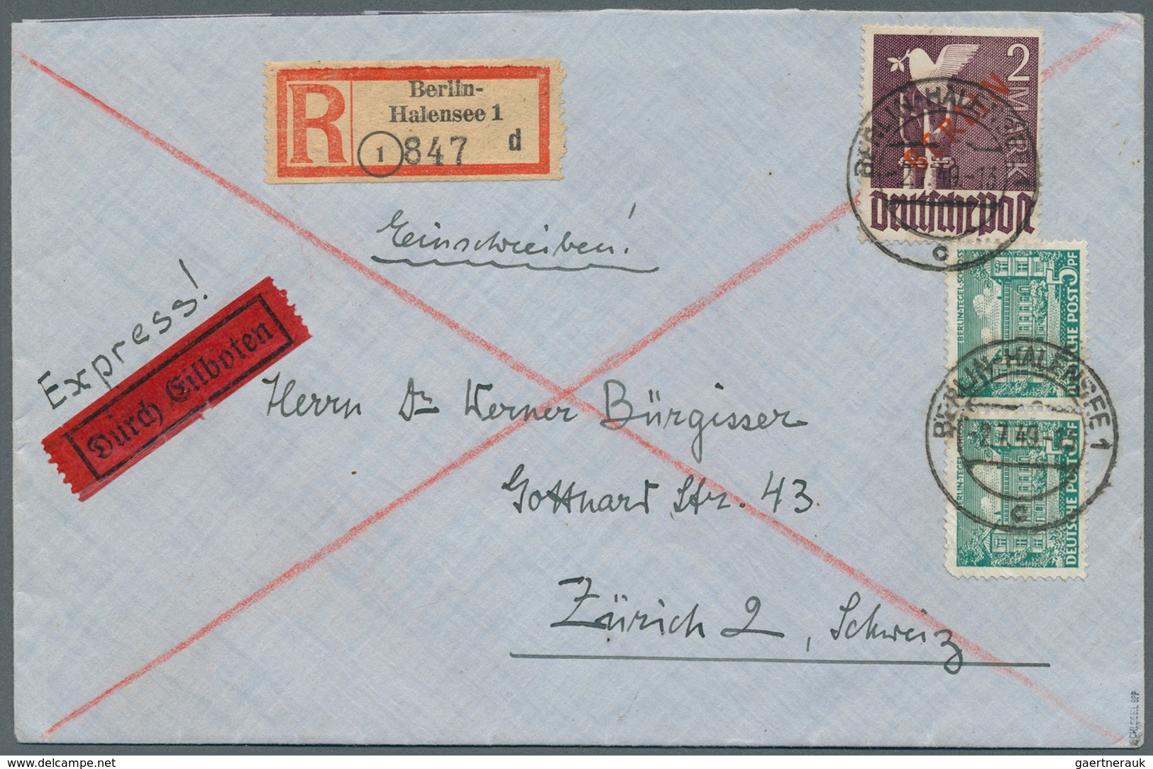 Berlin: 1949: Auslandsbrief Einschreiben Und Eilzustellung ( 50 + 60 R + 100 Eil ) Mit 2.- DM Rotauf - Briefe U. Dokumente