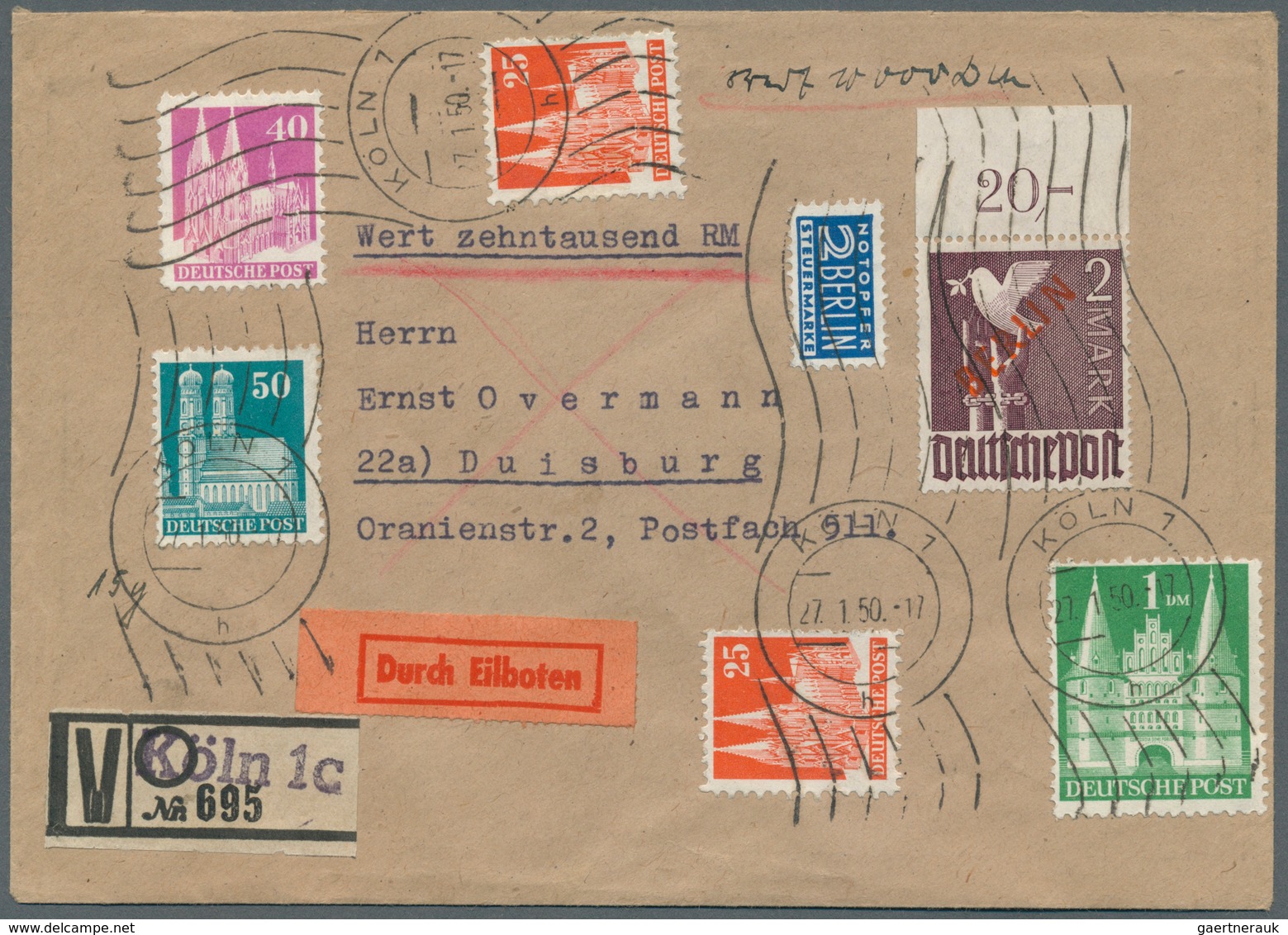 Berlin: 1950: WERTBRIEF- EILBOTEN  15g – 10000.- DM Mit Mischfrankatur Rotaufdruck Und Bizone Bauten - Covers & Documents