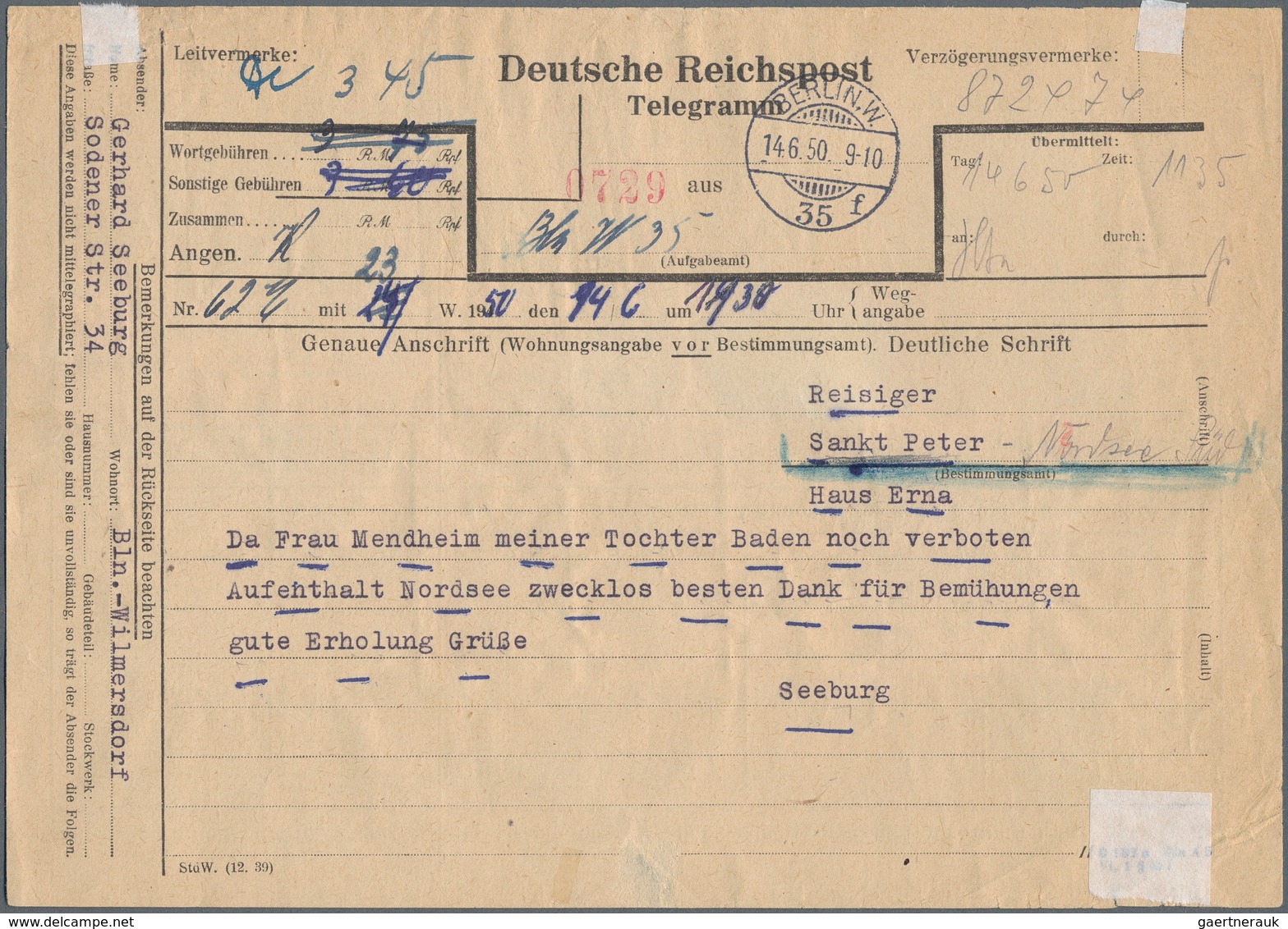 Berlin: 24 Pf. Stephan 14 St. (dabei Senkr. 10er Block Vom Oberrand) Mit 4 Pf. Bauten U. 5 Pf. Grüna - Covers & Documents