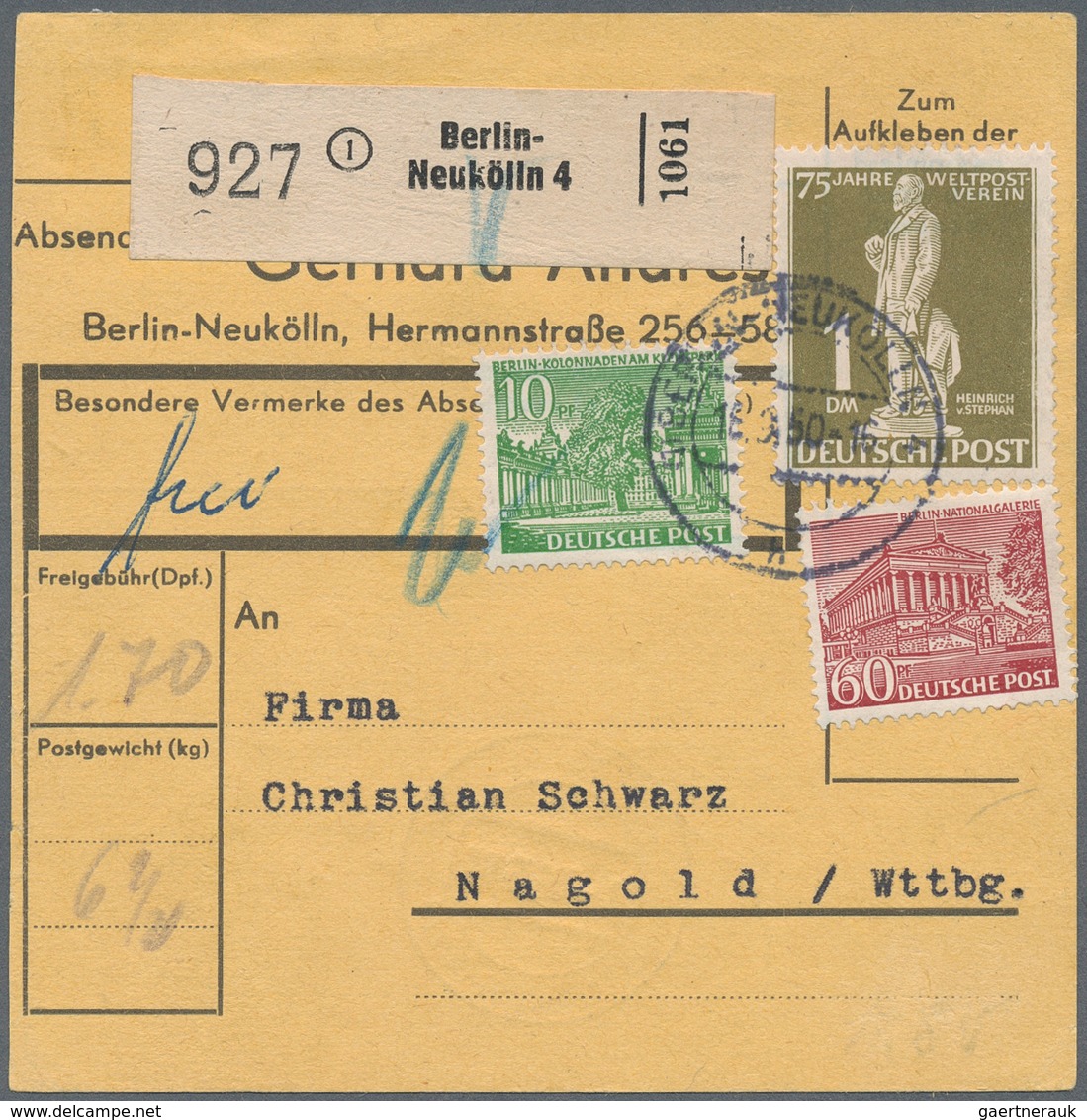 Berlin: 1 DM Stephan Mit 10 U. 60 Pf. Bauten Zusammen Auf Paketkarte Ab Berlin-Neukölln Vom 18.9.50 - Covers & Documents