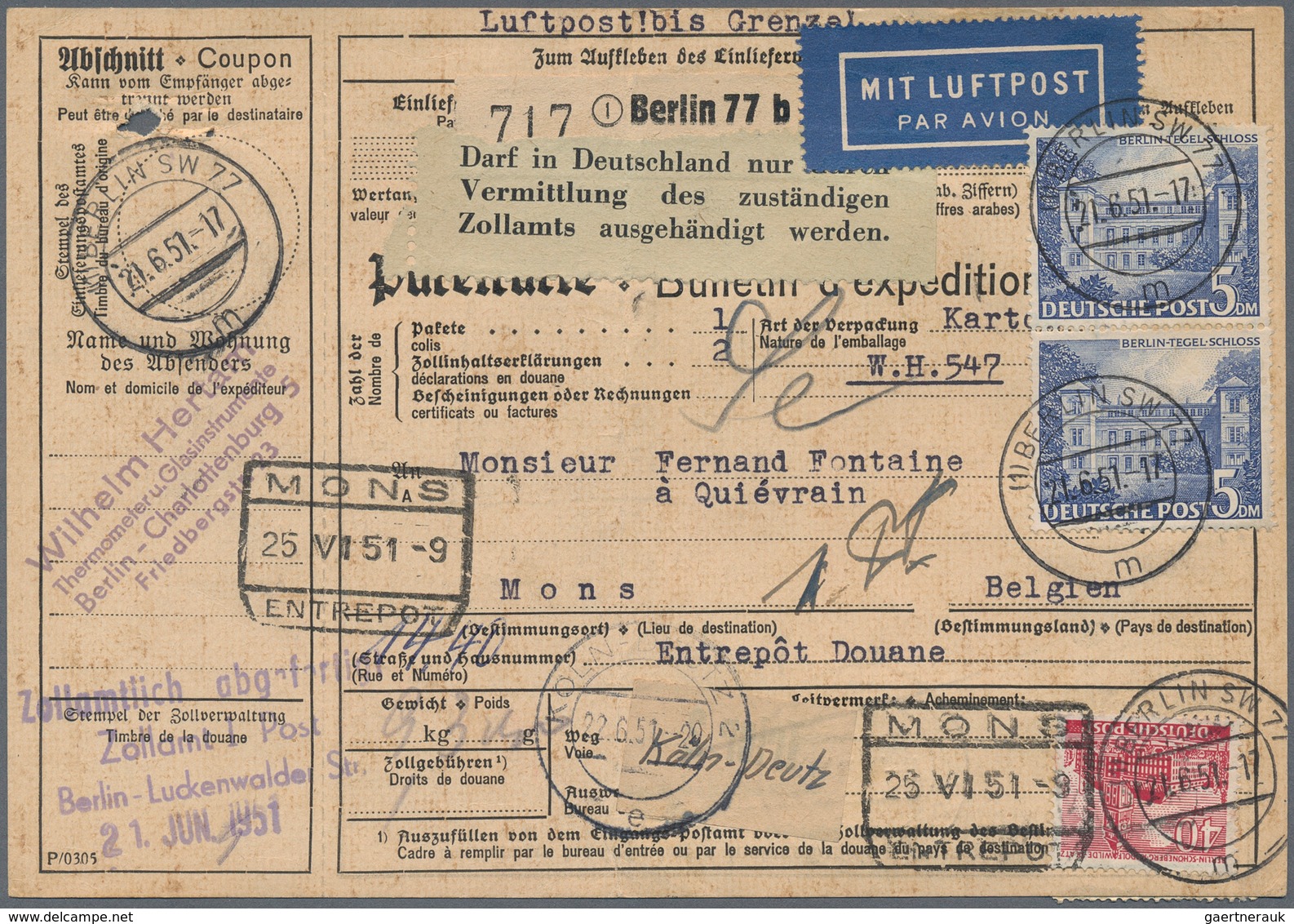 Berlin: 1951: Auslandspaketkarte, Kleines Format Mit LUFTPOST Nur In DEUTSCHLAND. 9,3 Kg. Ab Berlin - Covers & Documents