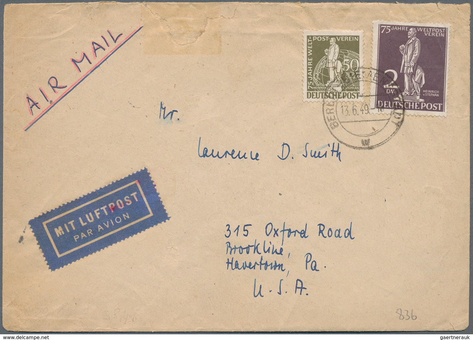 Berlin: 1949, 75 Jahre Weltpostverein, 50 Pf Und 2 DM Auf Portogerechtem Luftpost-Auslandsbrief In D - Covers & Documents