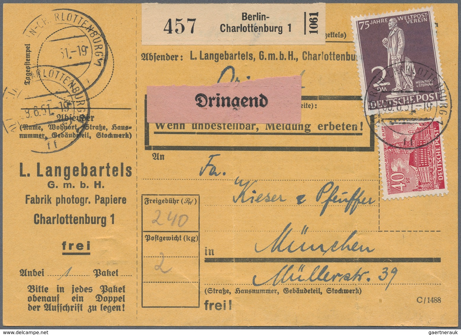 Berlin: 1951: Paketkarte (Mittelbugspur) Inland DRINGEND, 2.- Kg. Mit 2.- DM Stephan Und 40 Pf. Baut - Covers & Documents