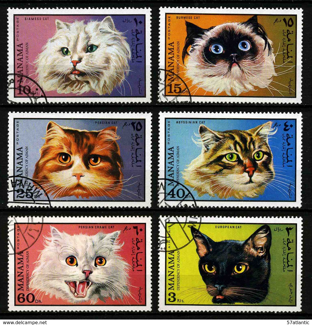 MANAMA - CHATS - MI 585 à 590 - SERIE COMPLETE 6 TIMBRES OBLITERES - Chats Domestiques