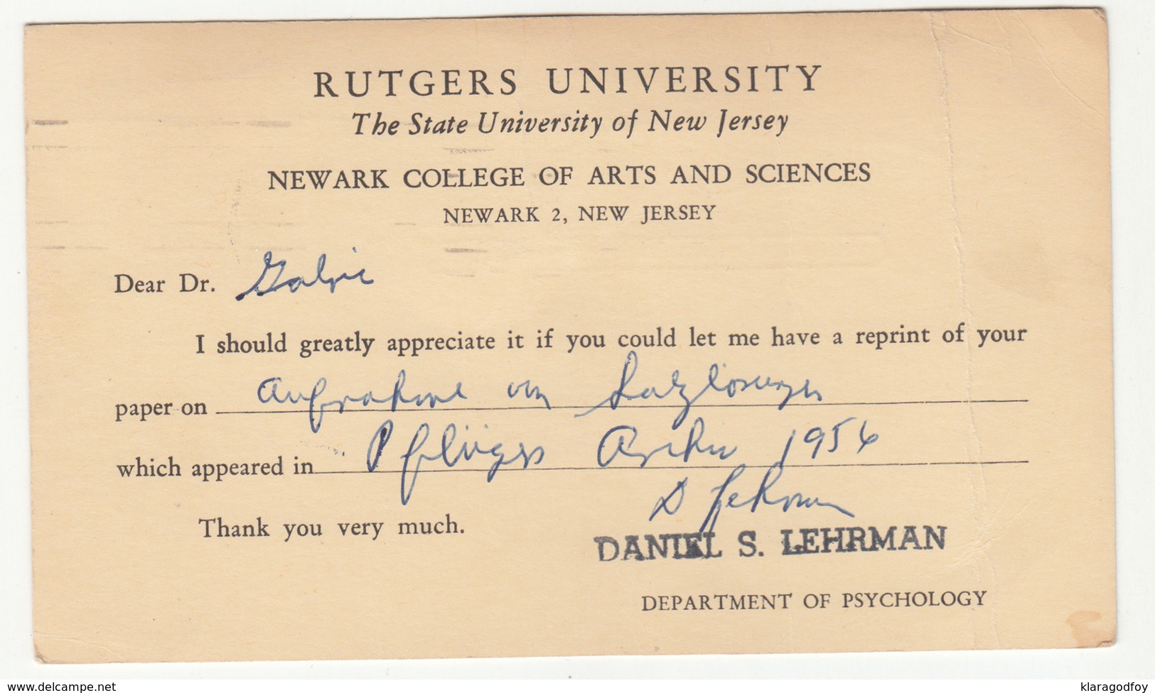 US, Rutgers University Postal Stationery Postal Card Travelled 1956 Newark Pmk B190201 - 1941-60