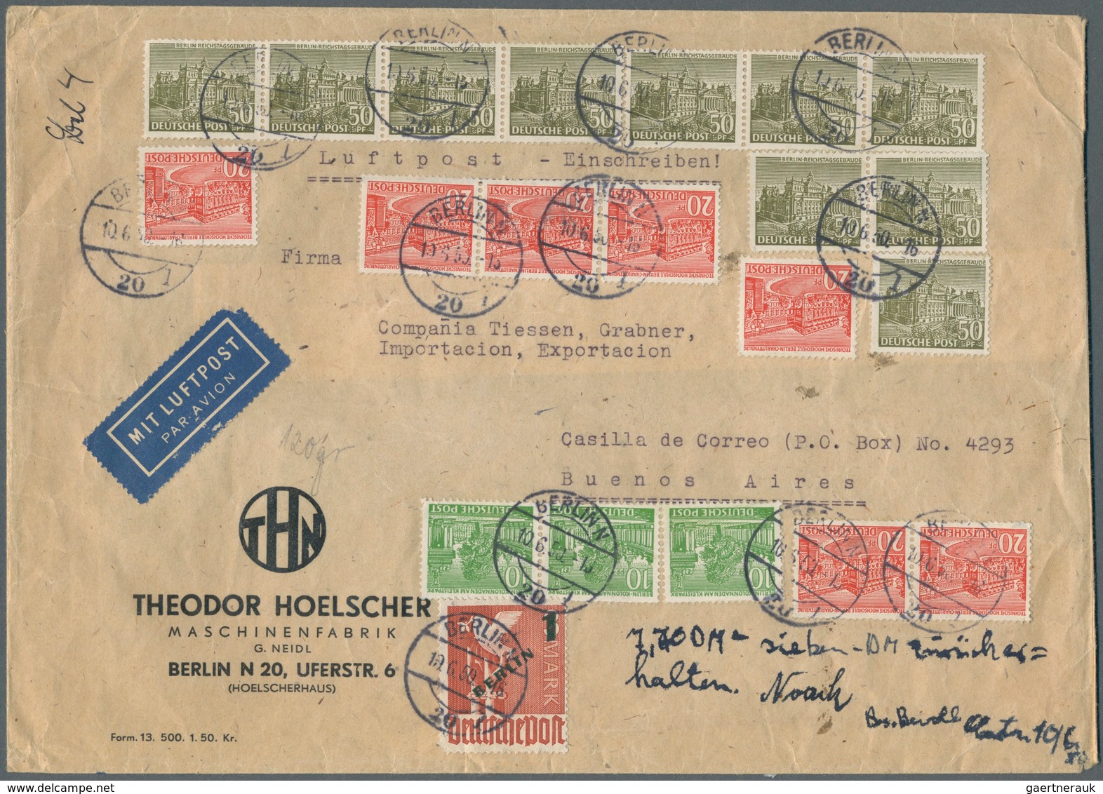 Berlin: 1950: Firmenumschlag Ca. 23 X 16,2 Cm Als Luftpostbrief 120 Gramm Ab Berlin N 20 10.6.50 Nac - Covers & Documents