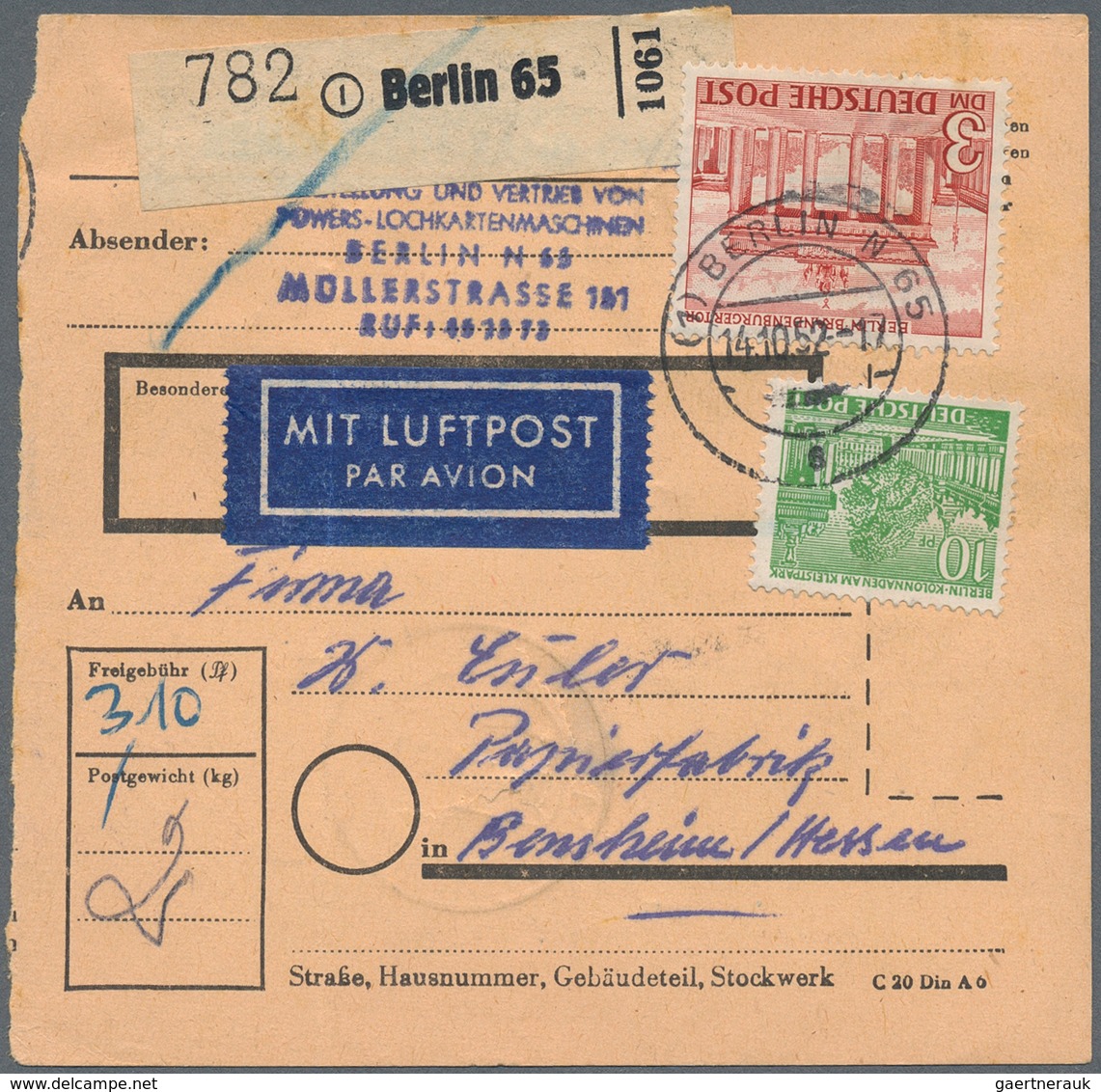 Berlin: 10 Pf. U. 3 DM Bauten Zusammen Auf Lp-Paketkarte Ab Berlin N65 Vom 14.10.52 Nach Bensheim Ka - Covers & Documents