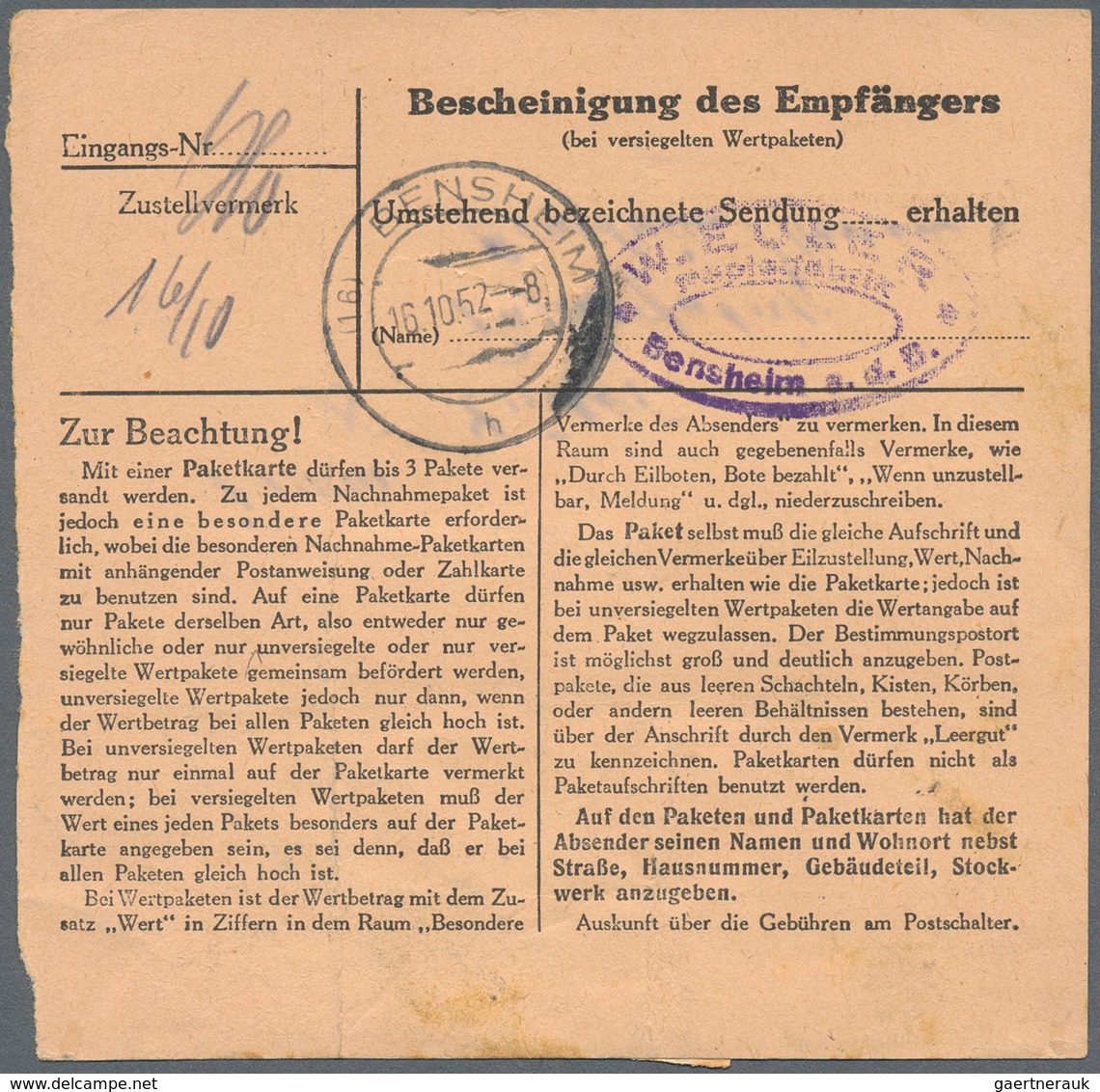 Berlin: 10 Pf. U. 3 DM Bauten Zusammen Auf Lp-Paketkarte Ab Berlin N65 Vom 14.10.52 Nach Bensheim Ka - Covers & Documents