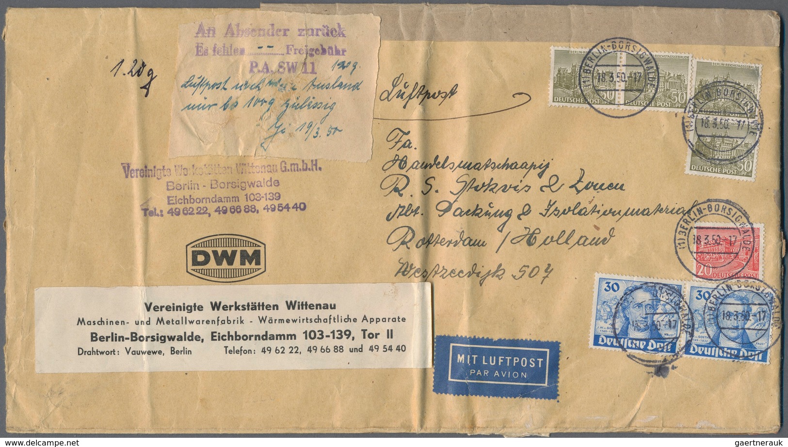 Berlin: 1950: Umschlag Ca. 27,5 X 15 Cm Als LUFTPOSTBRIEF EUROPA 120 Gramm, Absender DMW Berlin-Bors - Covers & Documents