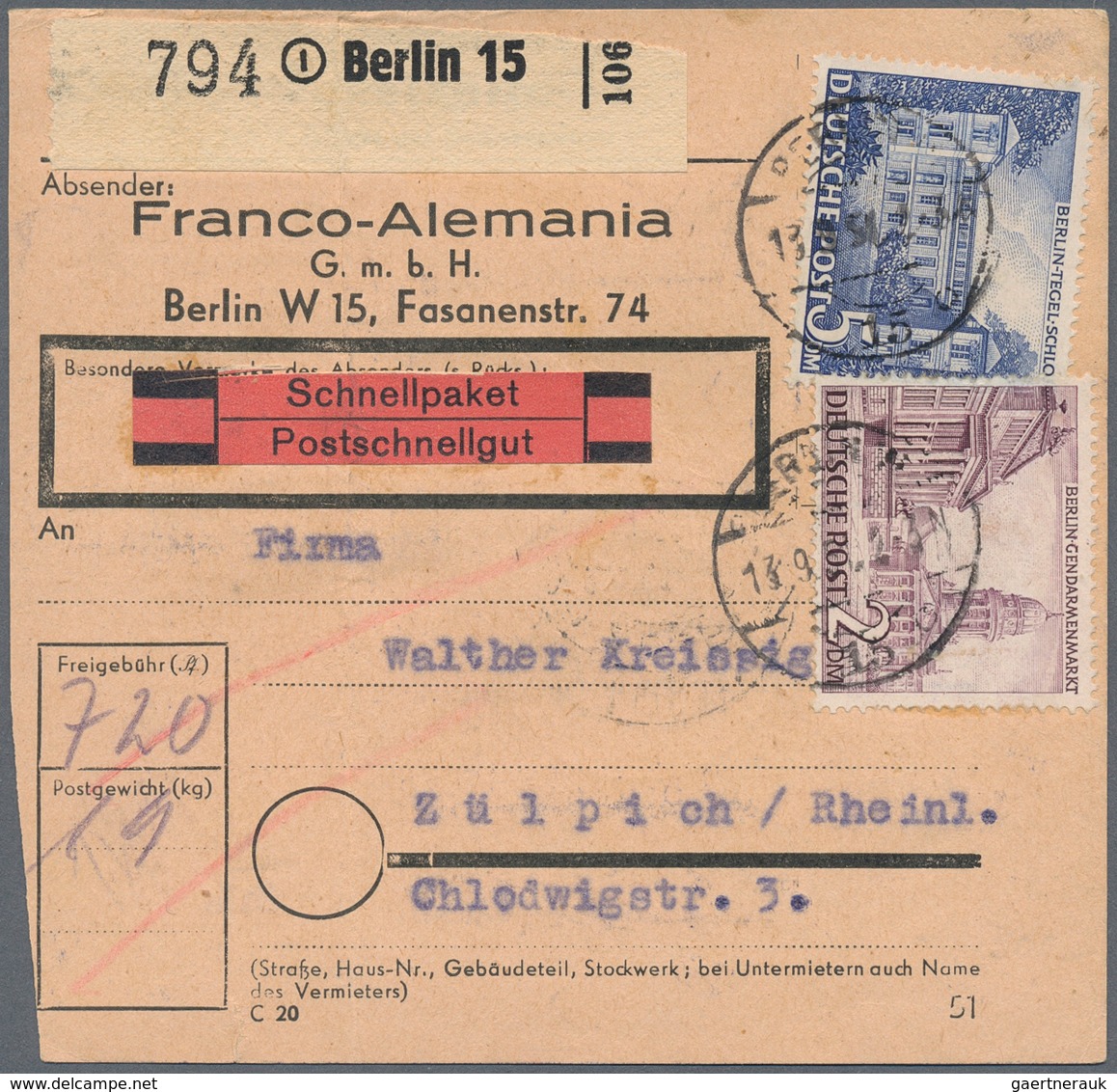 Berlin: 1951: Schnellpaketkarte (Bugsp.) über 19 Kg. – Gebühr DM 7,20 Mit 20 Pf. 2.- Und 5.- DM Baut - Covers & Documents