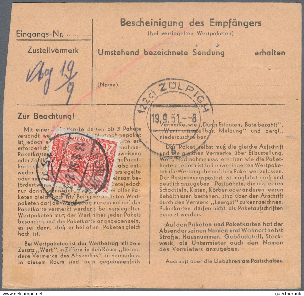 Berlin: 1951: Schnellpaketkarte (Bugsp.) über 19 Kg. – Gebühr DM 7,20 Mit 20 Pf. 2.- Und 5.- DM Baut - Covers & Documents