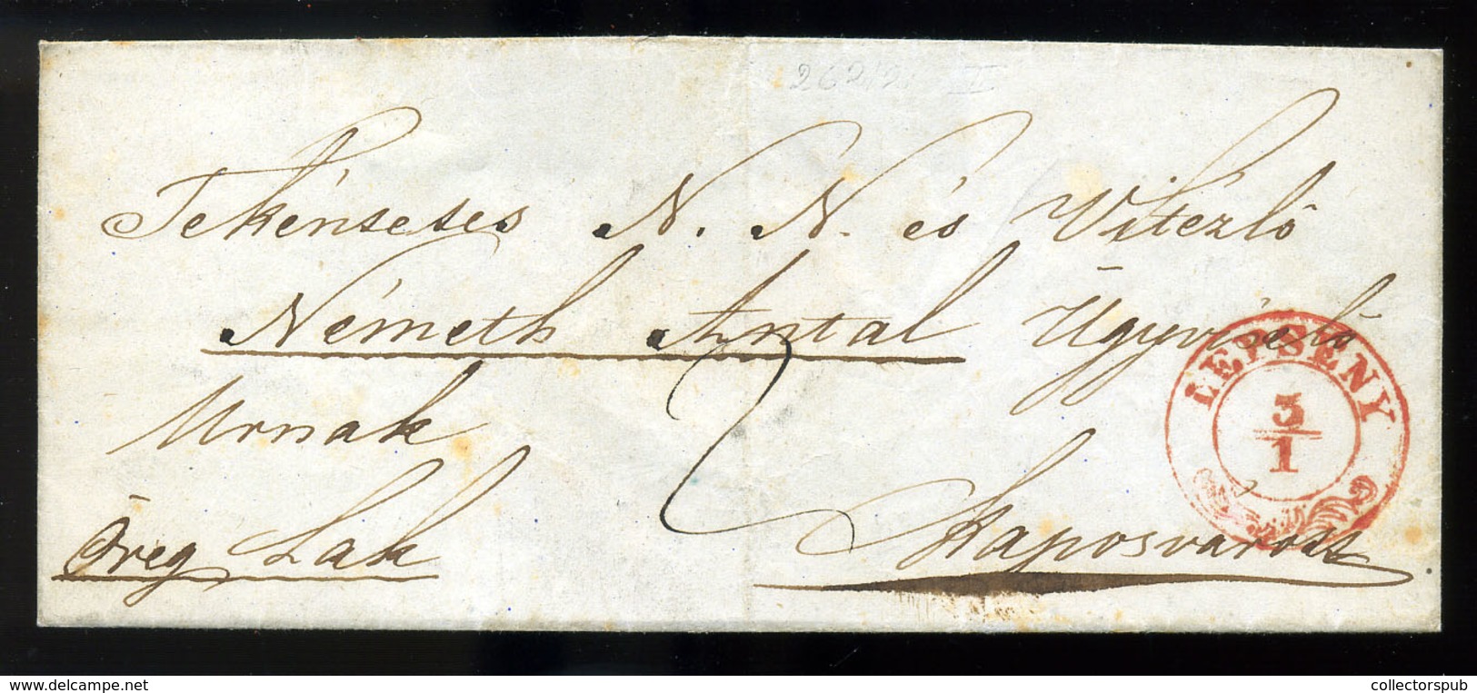 LEPSÉNY 1850. Cca. Portós Levél, Piros Palmettás Bélyegzéssel Kaposvárra Küldve (250p)  /  Ca 1850 Unpaid Letter Red Pmk - ...-1867 Prephilately