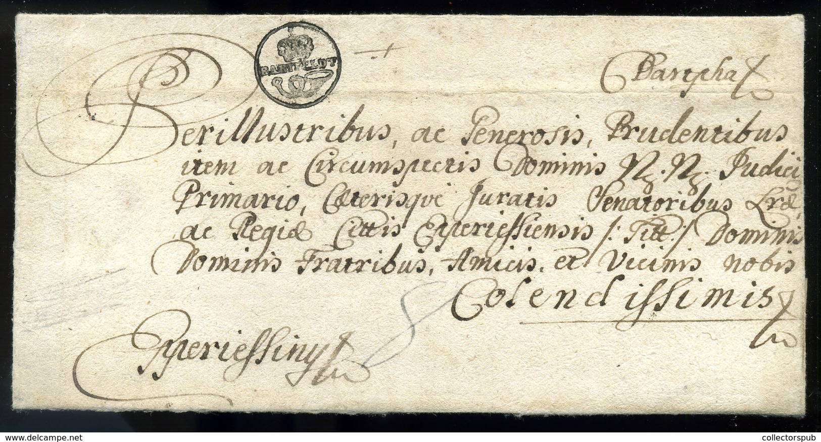 BÁRTFA 1774. Portós Levél Eperjesre Küldve Postakürtös "BARTFELDT" Bélyegzéssel! Az Egyik Legritkább Bélyegzés! (G: RR!) - Other & Unclassified