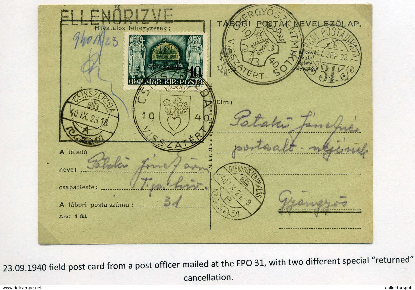 CSÍKSZEREDA 1940. Dekoratív, Cenzúrázott Visszatért Levlap, TP 31 Gyöngyösre Küldve  /  1940 Decorative Cens. Military P - Lettres & Documents