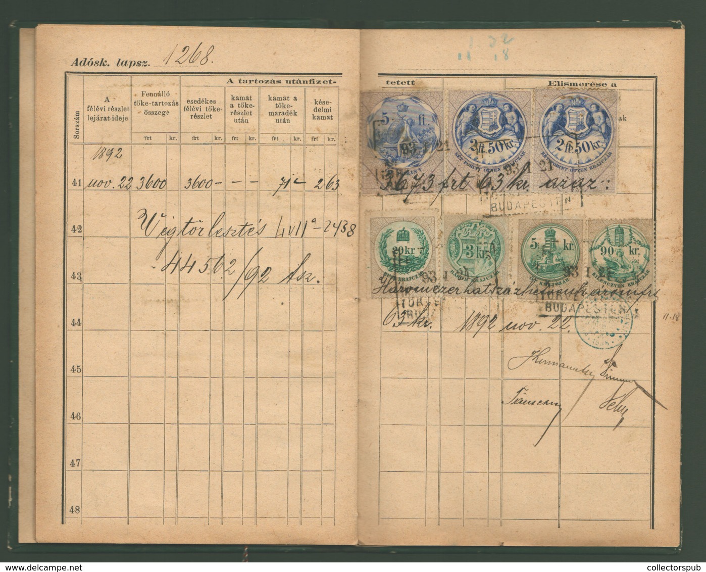 1884. Adósság könyvecske okmánybélyegekkel + törlési engedény  /  debt book stamp duty and deletion certificate