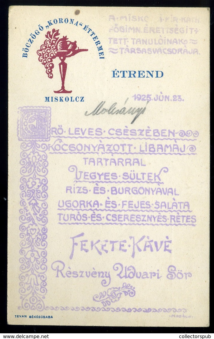 MISKOLC 1925. Böczögő Étterem, Ritka Képeslap, Menükártya !  /  1925 Restaurant Böczögő Rare Vintage Pic. P.card, Menu C - Ungarn