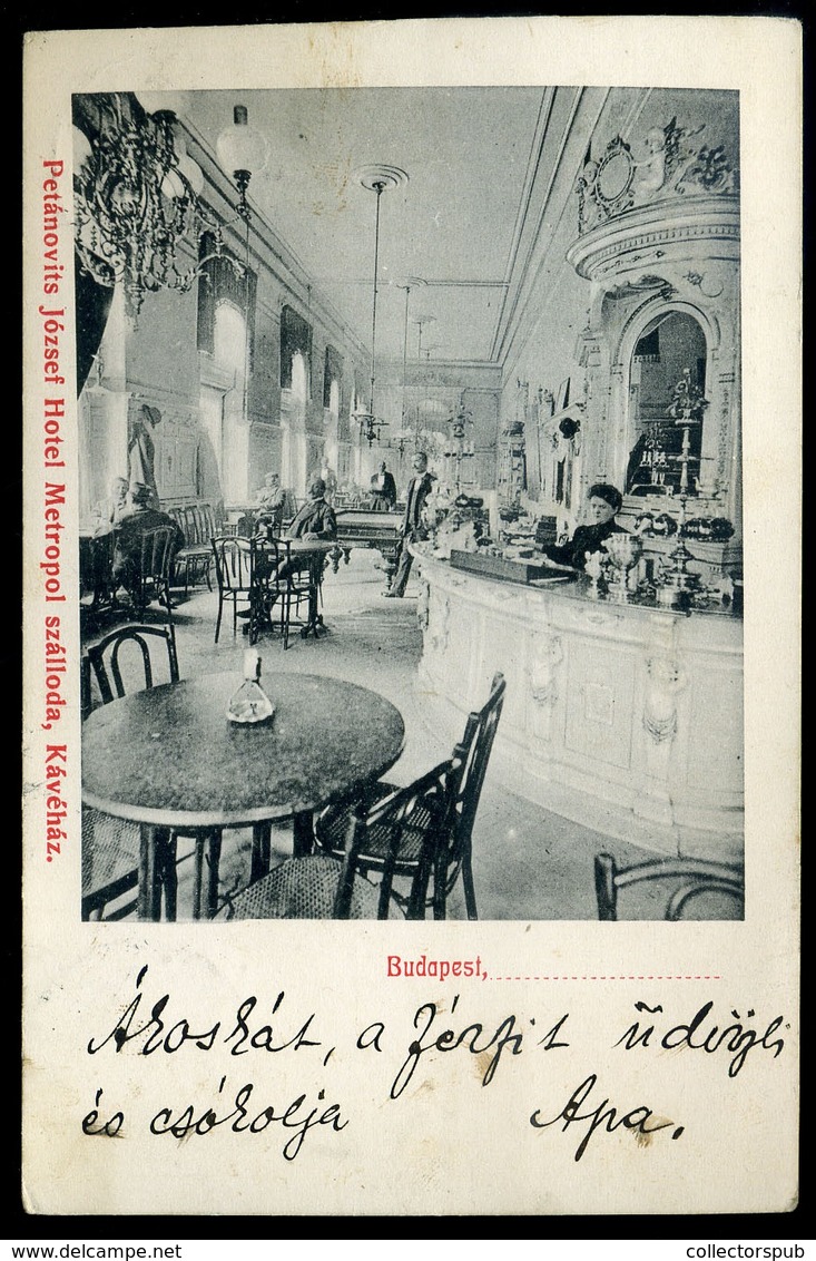 BUDAPEST 1908. Hotel Metropol , Petánovits József Szálloda, Kávéház Belső, Ritka Képeslap  /  1908 Hotel Metropol, Hotel - Ungarn