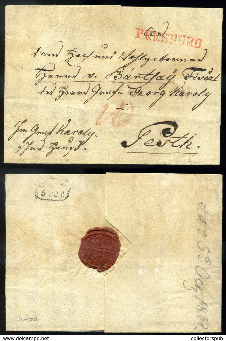 POZSONY 1832. Szép Portós Levél, Piros "Presburg" Bélyegzéssel, Pest érk. Bélyegzéssel  /  1832 Postage Due Letter Red P - Andere & Zonder Classificatie