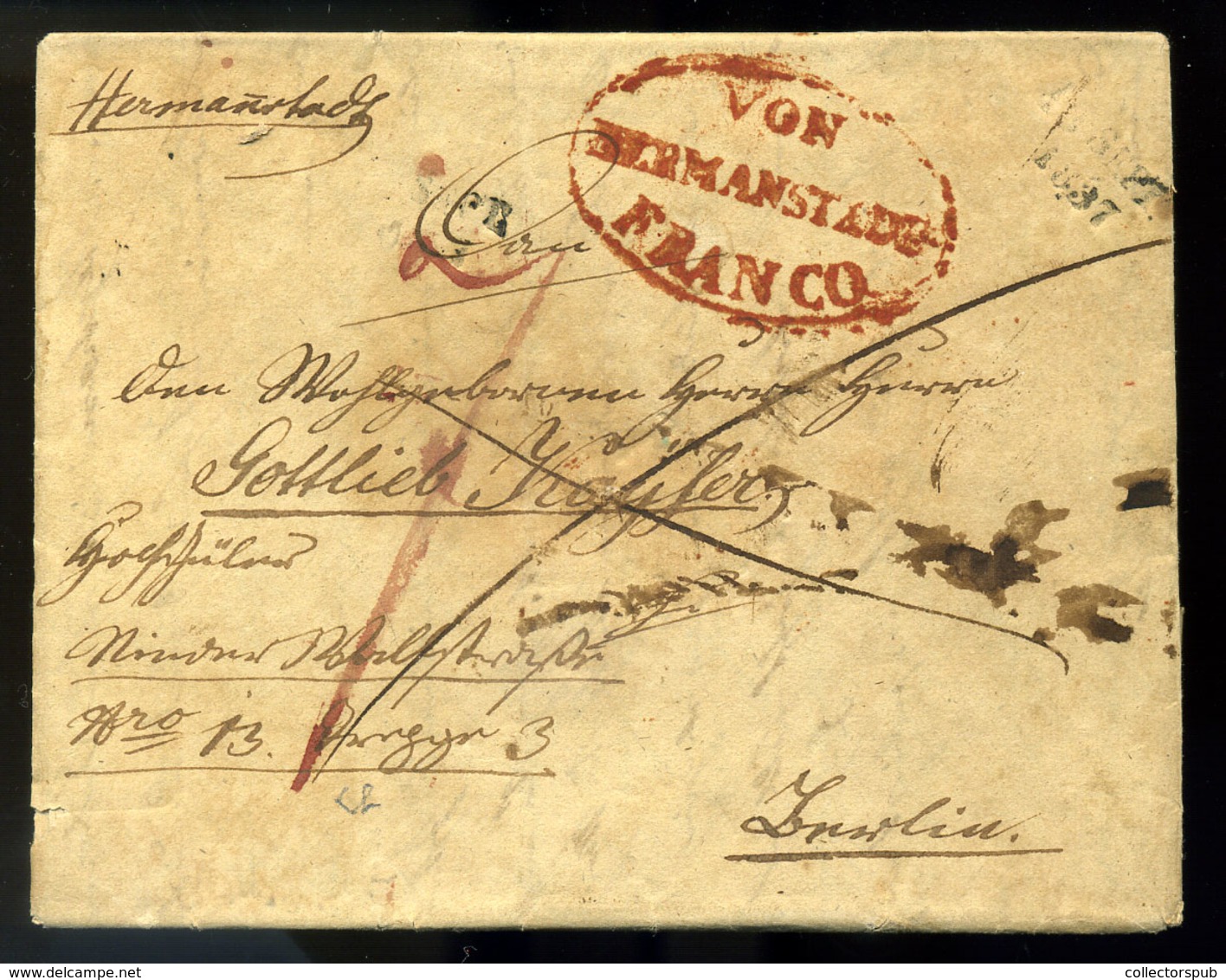 NAGYSZEBEN 1837. Portós Levél Németországba Küldve "Von Hermanstadt Franco" Piros Bélyegzéssel. Ritka Darab! (G:600) - ...-1867 Prephilately