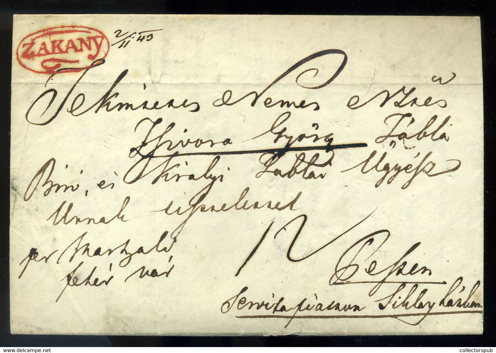 ZÁKÁNY 1843. Szép Portós Levél Tartalommal, Luxus ,piros Bélyegzéssel Pestre Küldve (G:400p)  /  1843 Nice Unpaid Letter - ...-1867 Prephilately