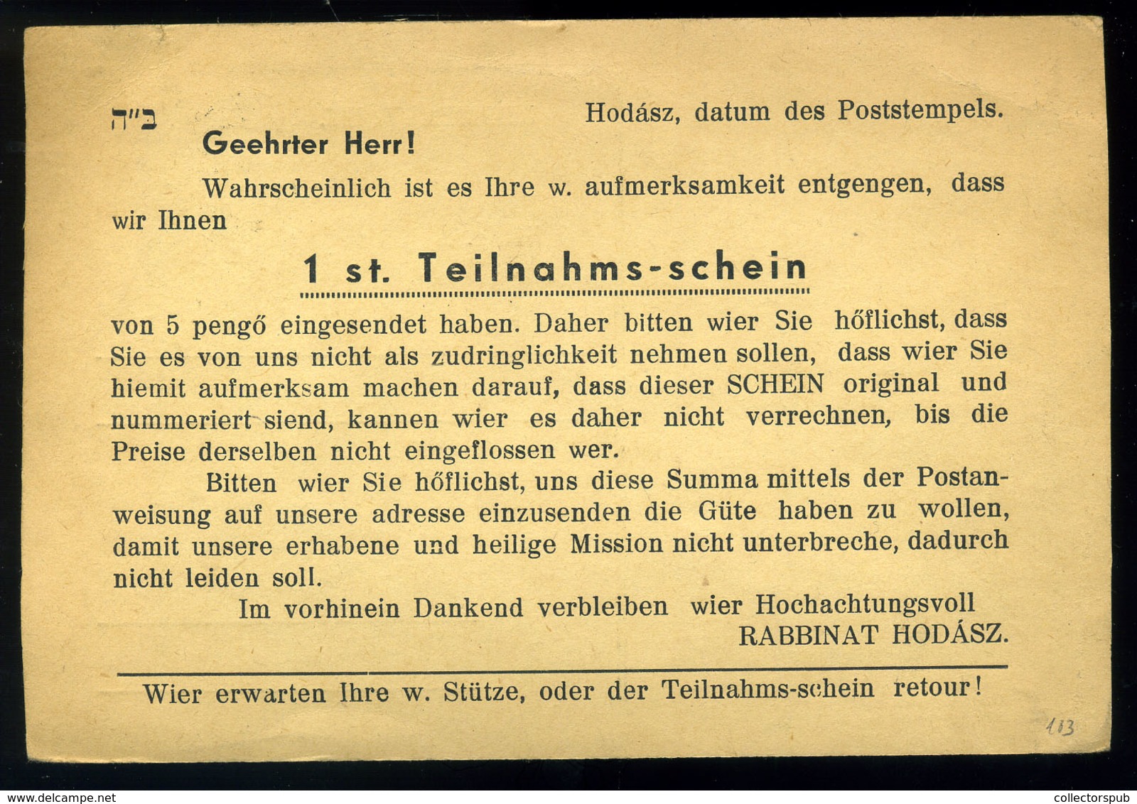 HODÁSZ 1933. Riesel Baruch Ábrahám Főrabbi , érdekes Nyomtatvány Az USA-ba Küldve  /  Interesting Print From Rabbi Ábrah - Brieven En Documenten