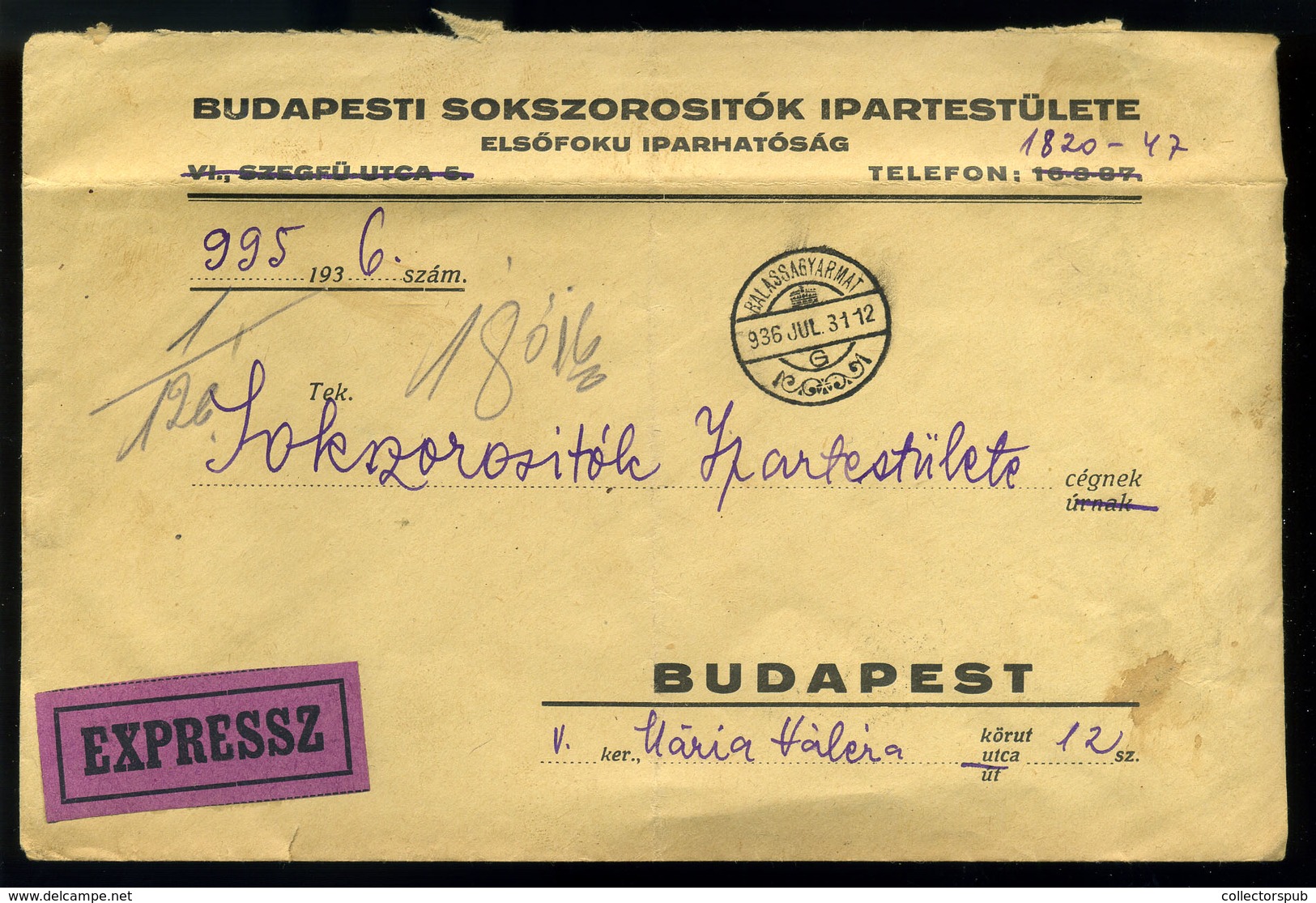 BALASSAGYARMAT 1936. Expressz Levél Budapestre Küldve  /  Express Letter To Budapest - Covers & Documents