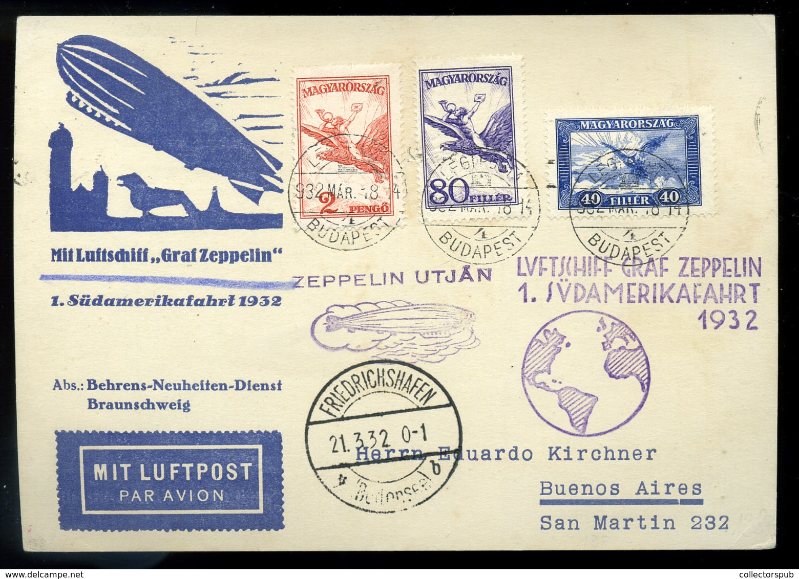 BUDAPEST 1932. Dekoratív Zeppelin Légi Levlap Argentínába Küldve  /  1932 Decorative Zeppelin Airmail P.card To Argentin - Covers & Documents