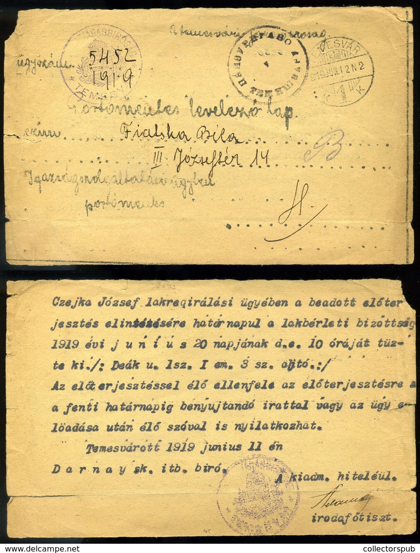 TEMESVÁR 1919.07. Érdekes Témájú, Cenzúrázott, Helyi Szükség Levlap  /  Intr. Cont. Cens. Local Improvised P.card - Covers & Documents