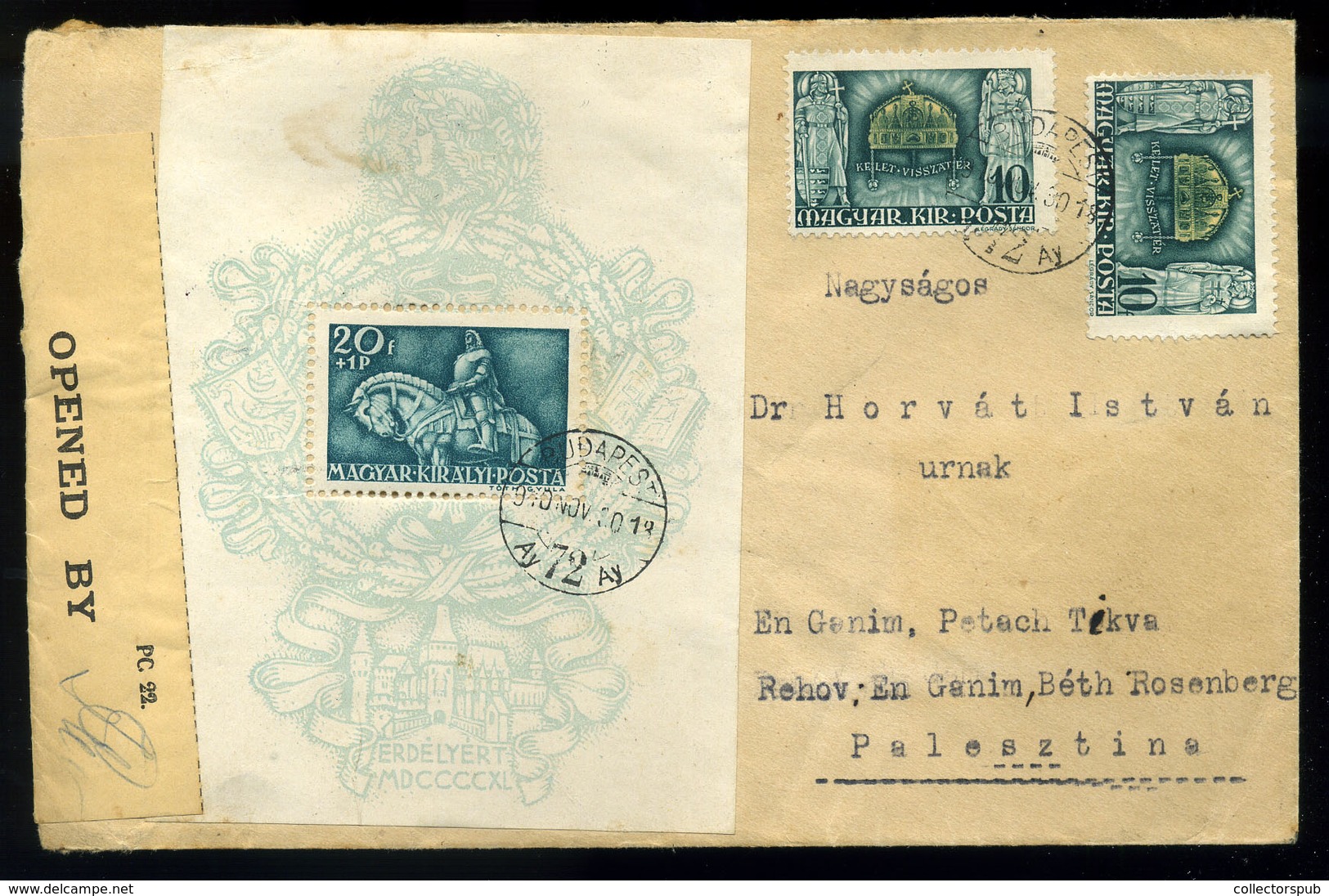 BUDAPEST 1940. Mátyás Blokk , Kiegészítéssel Palesztínába Küldve!  /  1940 Mathias Block Uprated To Palestine - Covers & Documents