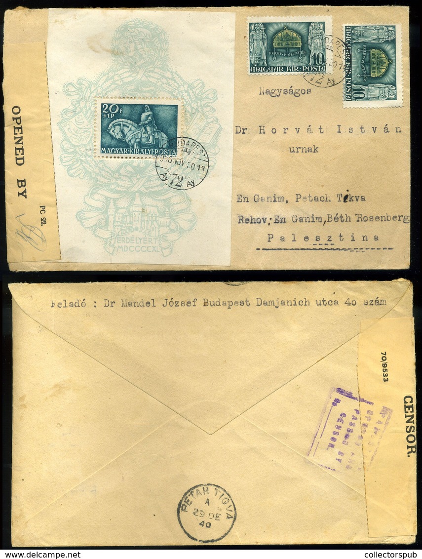 BUDAPEST 1940. Mátyás Blokk , Kiegészítéssel Palesztínába Küldve!  /  1940 Mathias Block Uprated To Palestine - Brieven En Documenten