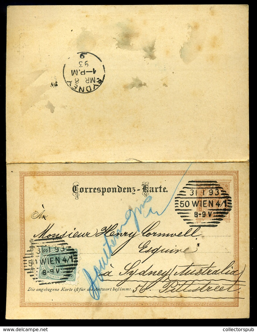 AUSZTRIA 1893. Válaszos Kiegészített Díjjegyes Levlap Ausztráliába Küldve  /  AUSTRIA 1893 Reply Uprated Stationery P.ca - Andere & Zonder Classificatie