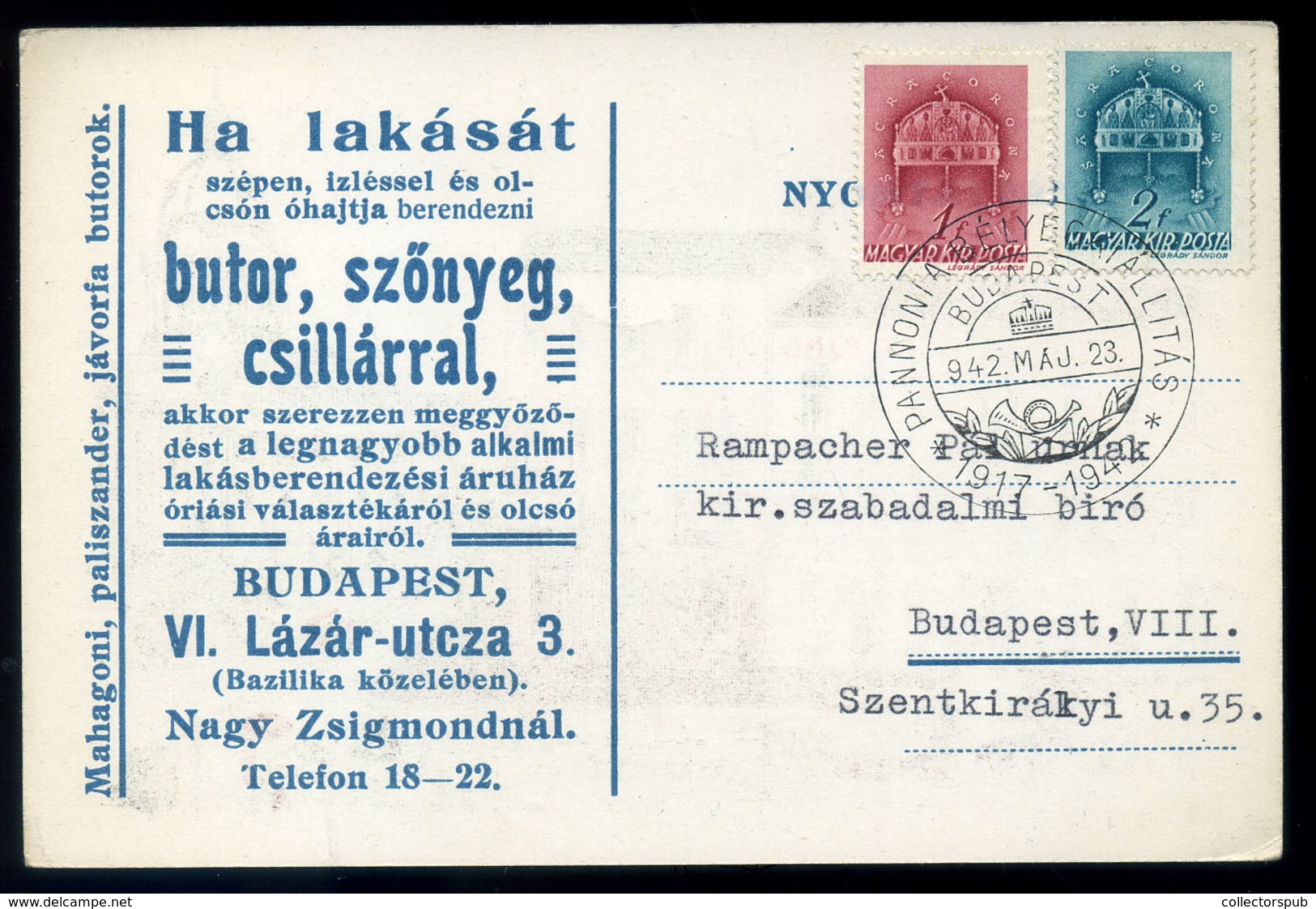 BUDAPEST 1942. Friss Zsigmond üzlete Litho Képeslap, Kiállítási Bélyegzéssel  /  1942 Zsigmond Friss' Store Litho Vintag - Brieven En Documenten