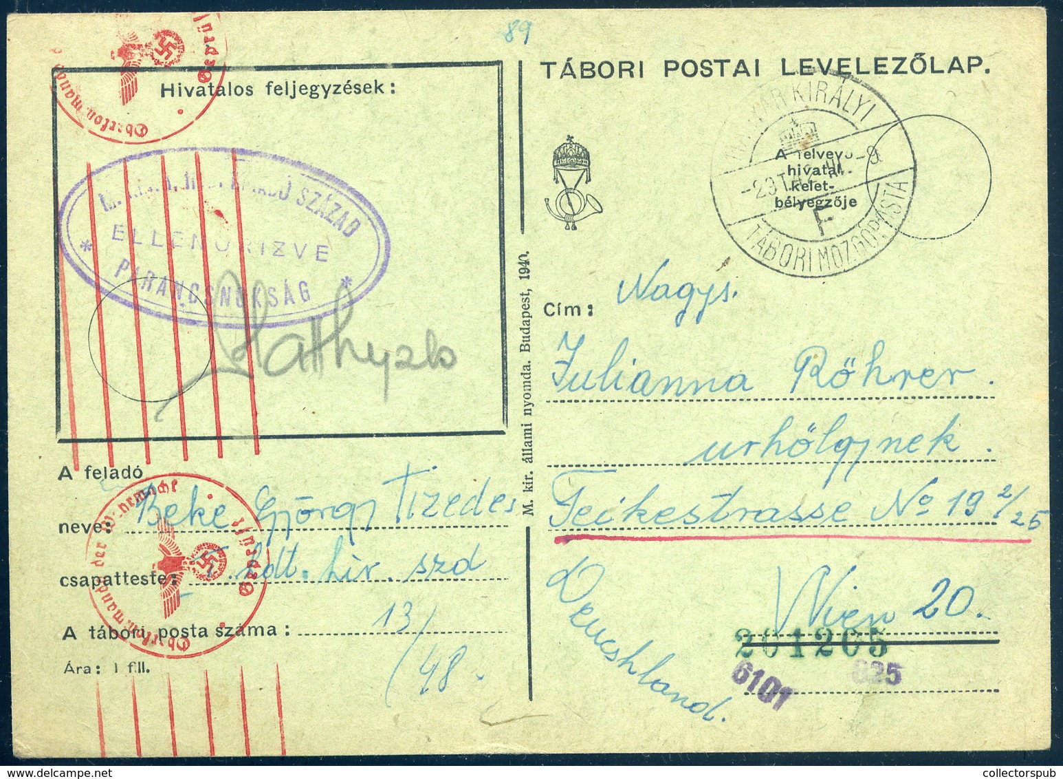 II. VH 1943. Tábori Posta Levlap Tábori Mozgóposta "F" Bélyegzéssel / WW II. 1943 FPO P.card TPO "F" Pmk - Brieven En Documenten