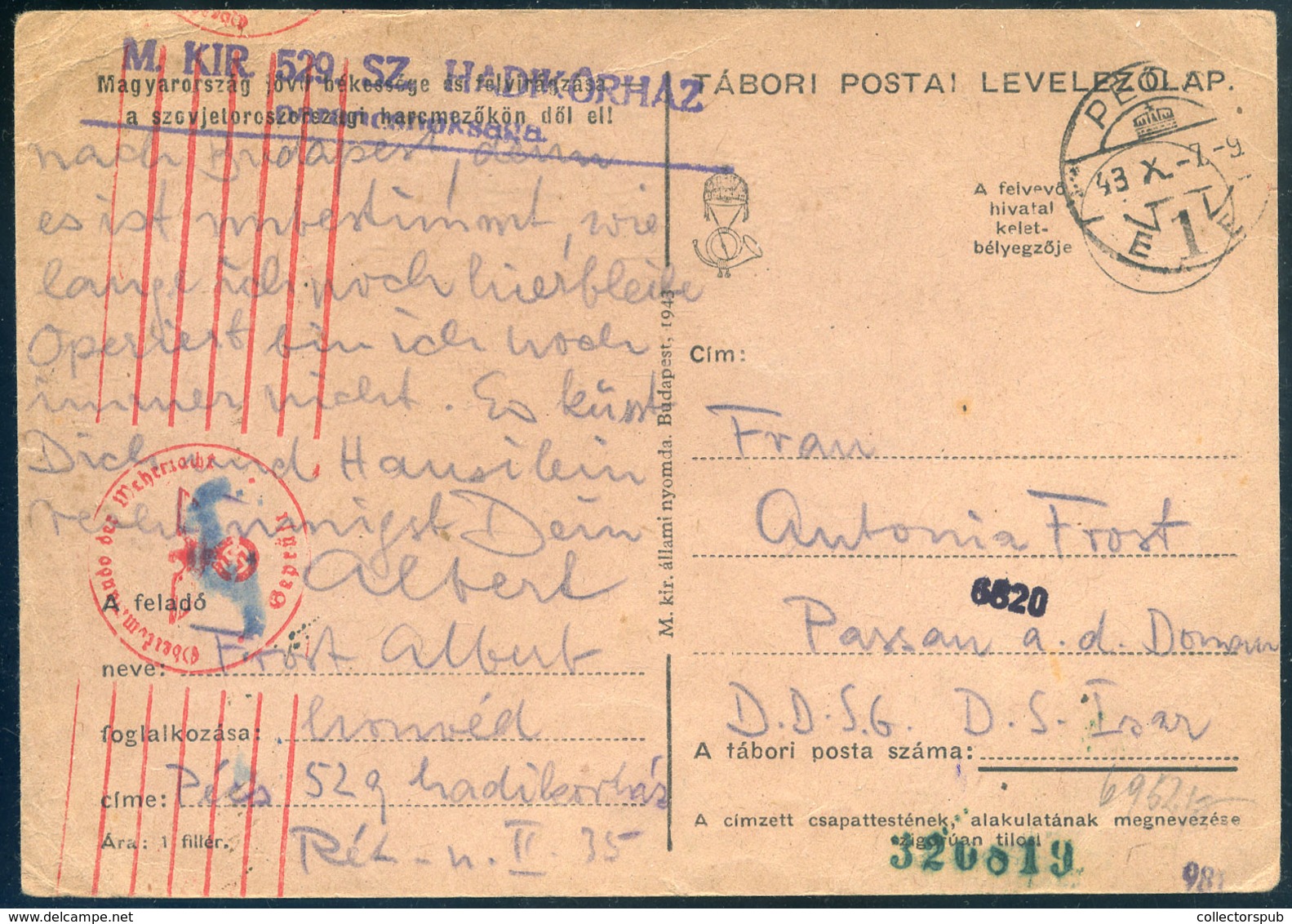 II. VH PÉCS Tábori Lap , Hadikórház Bélyegzéssel Passau-ba Küldve  /  WW II FPO Card Military Hospital Pmk To Passau - Covers & Documents