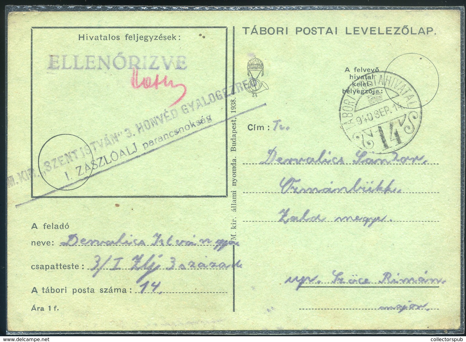 II. VH . 1940. Tábori Posta Levlap Szent István 3. Honvéd Gyalogezred Bélyegzéssel / WW II. FPO P.card 1940 St. István 3 - Covers & Documents