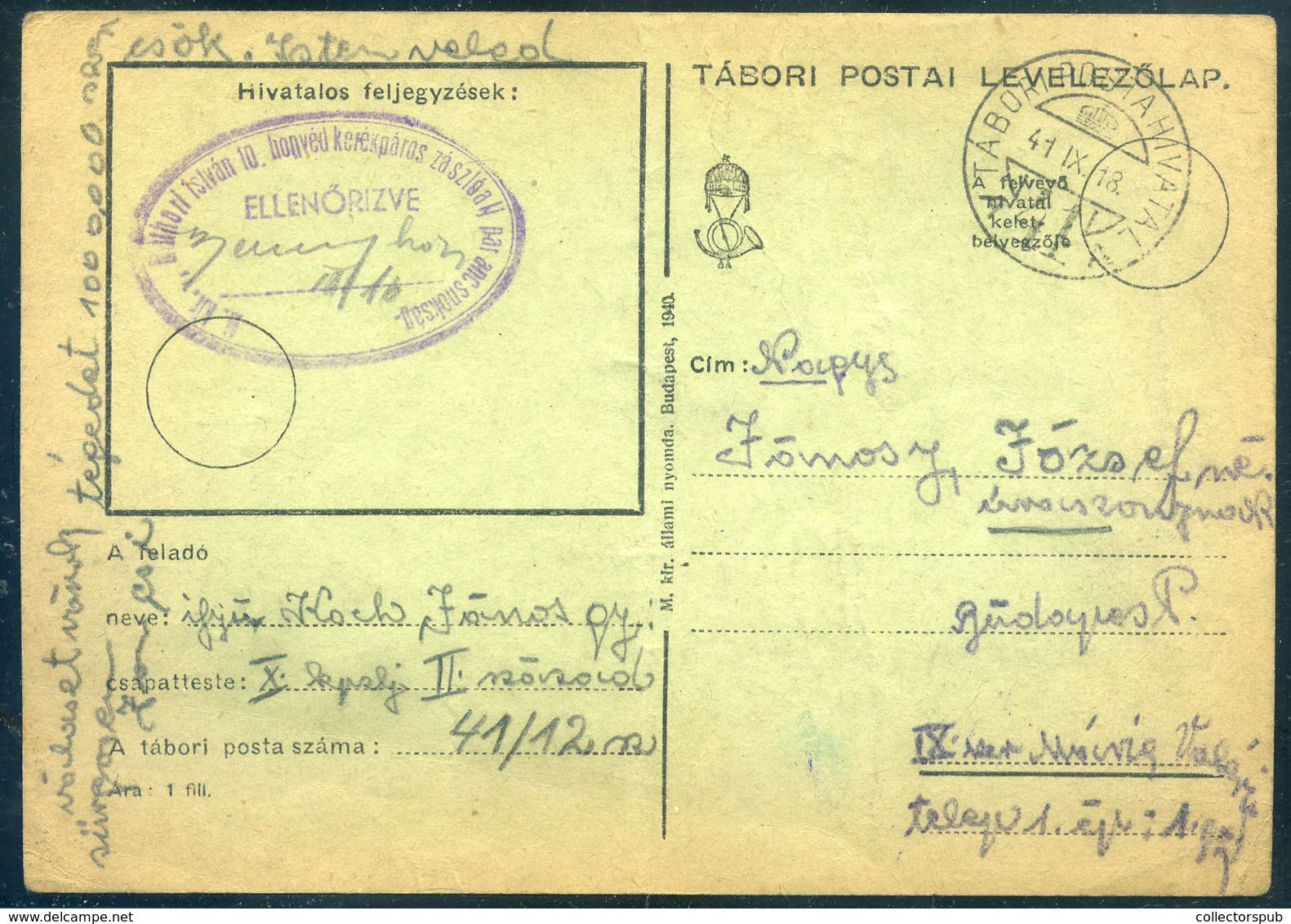 II.VH 1940. Tábori Posta Levlap M. Kir. Báthori István 10. Honvéd Kerékpáros Zászlóalj Parancsnoksága Bélyegzéssel  /  W - Covers & Documents