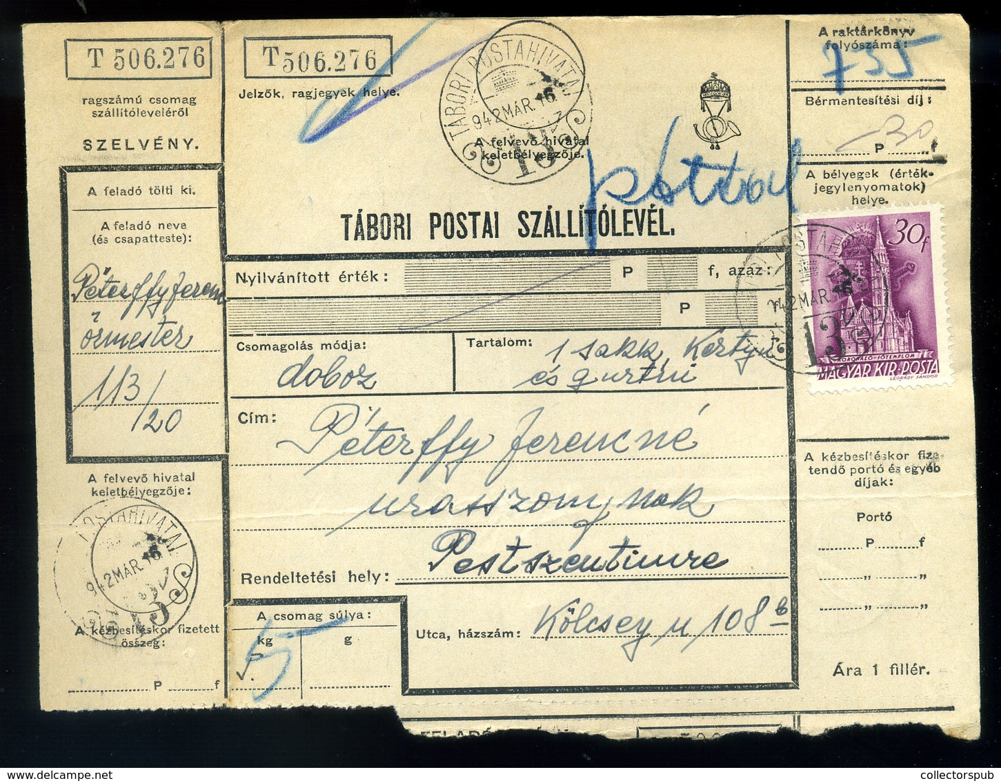 1942. II. VH Szelvényes Tábori Postai Szállítólevél TP 13 Pestszentimrére Küldve  /  WW II Segmented FPO Parcel P.card T - Brieven En Documenten