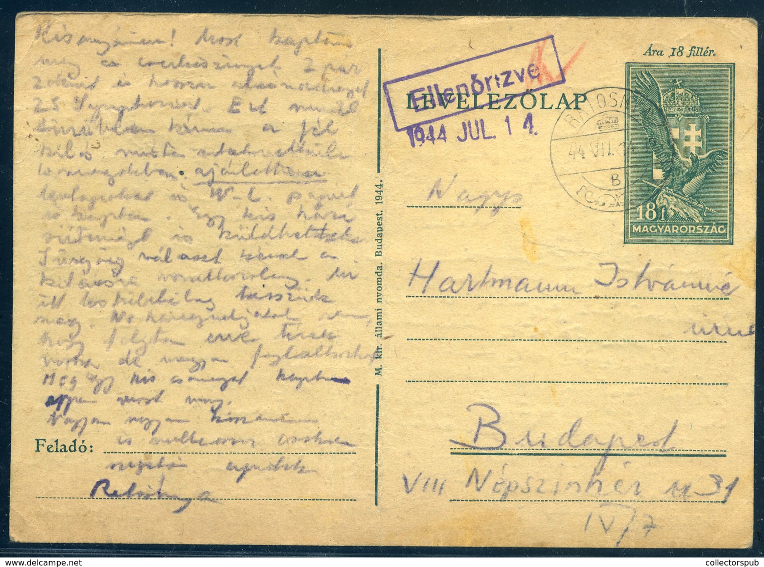 RATOSNYA /  Răstolița  1944. Cenzúrázott Díjjegyes Levlap Budapestre Küldve  /  1944 Cens. Stationery P.card To Budapest - Brieven En Documenten