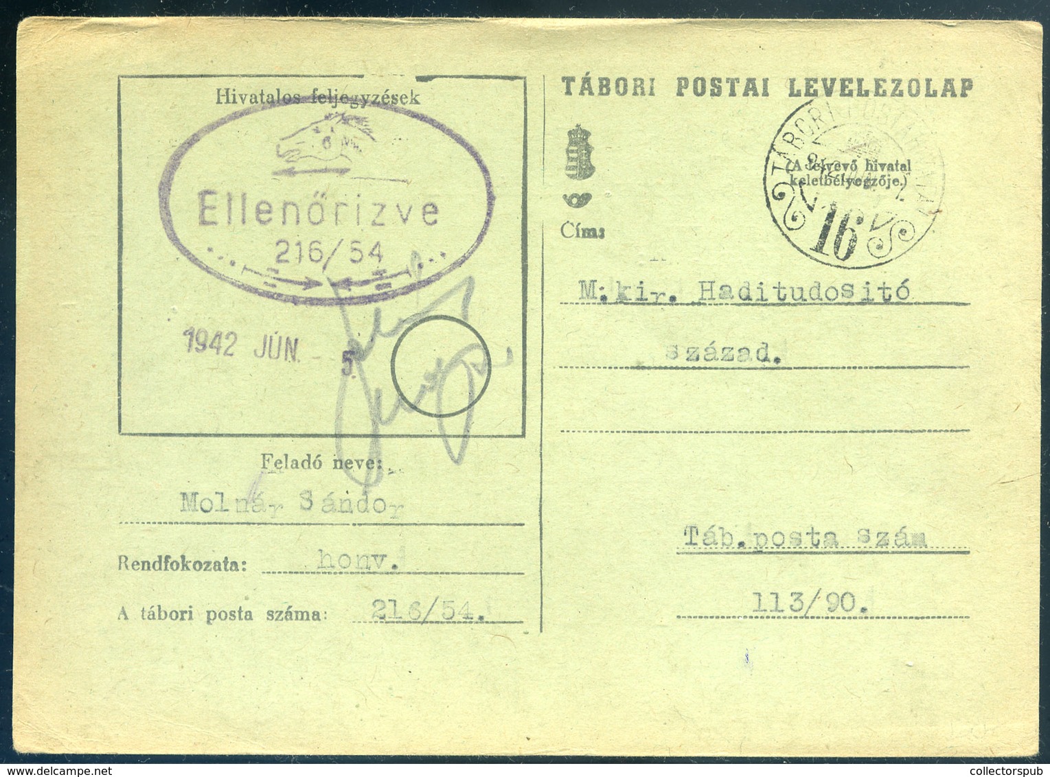 II. VH 1942. Tábori Lap , Rajzos Cenzúra Bélyegzéssel  /  WW II FPO Card Drawn Cens. Pmk - Lettres & Documents