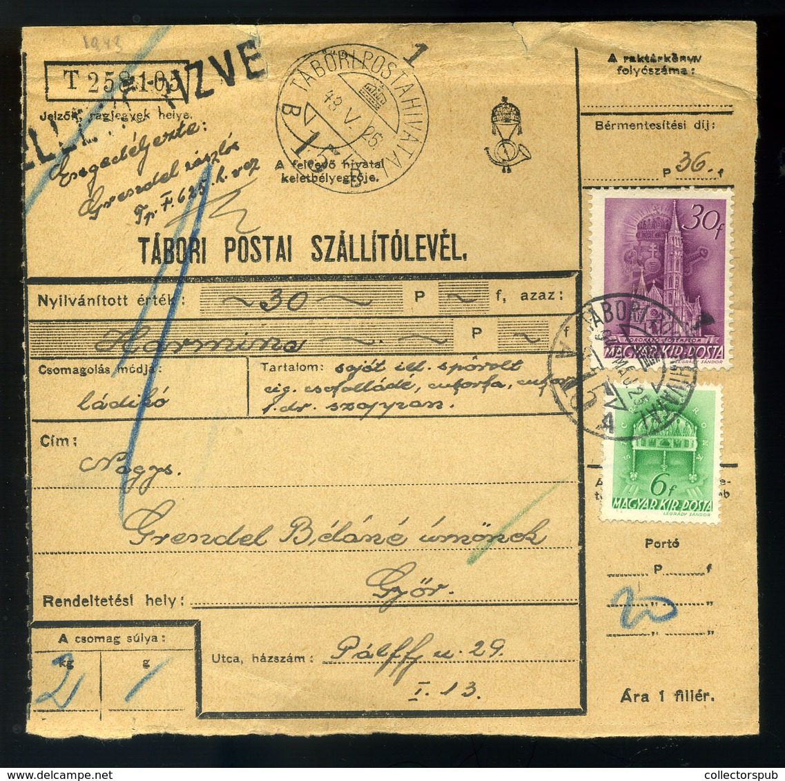 II.VH 1943. Tábori Postai ,cenzúrázott (!) Csomagszállító TP 15 Győrbe Küldve  /  WW II. 1943 FPO Cens. Parcel P.card TP - Brieven En Documenten