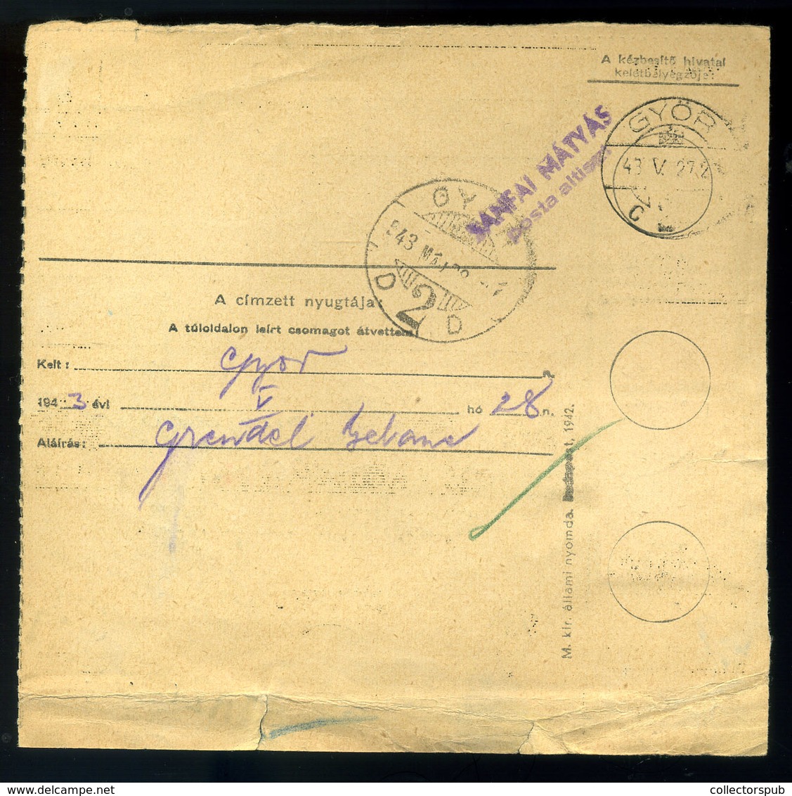 II.VH 1943. Tábori Postai ,cenzúrázott (!) Csomagszállító TP 15 Győrbe Küldve  /  WW II. 1943 FPO Cens. Parcel P.card TP - Brieven En Documenten