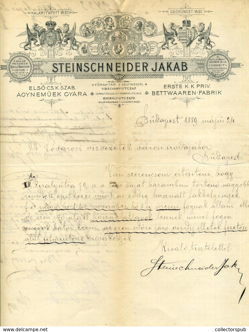 BUDAPEST 1889. Steinschneider Jakab Ágyneműgyár, Fejléces Céges Levél  /  Bedsheet Factory Letterhead Corp. Letter - Zonder Classificatie