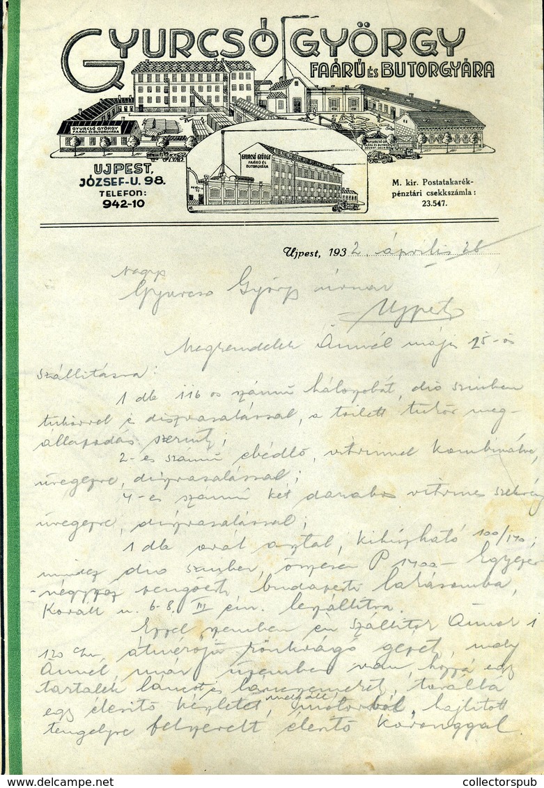 ÚJPEST 1932. Gyurcsó György Faárugyár, Fejléces Céges Levél  /  Lumber Factory Letterhead Corp. Letter - Zonder Classificatie