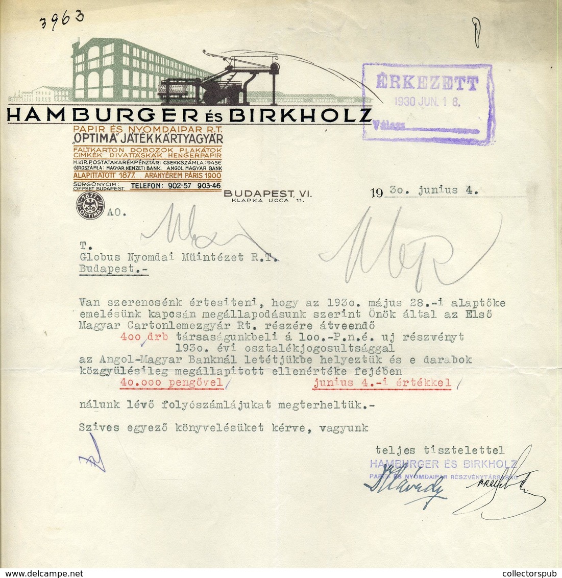 BUDAPEST 1930. Hamburger és Birkholz Nyomdaipar, Játékkártya Fejléces Céges Levél  /  Hamburger And Birkholz Card And Pr - Zonder Classificatie