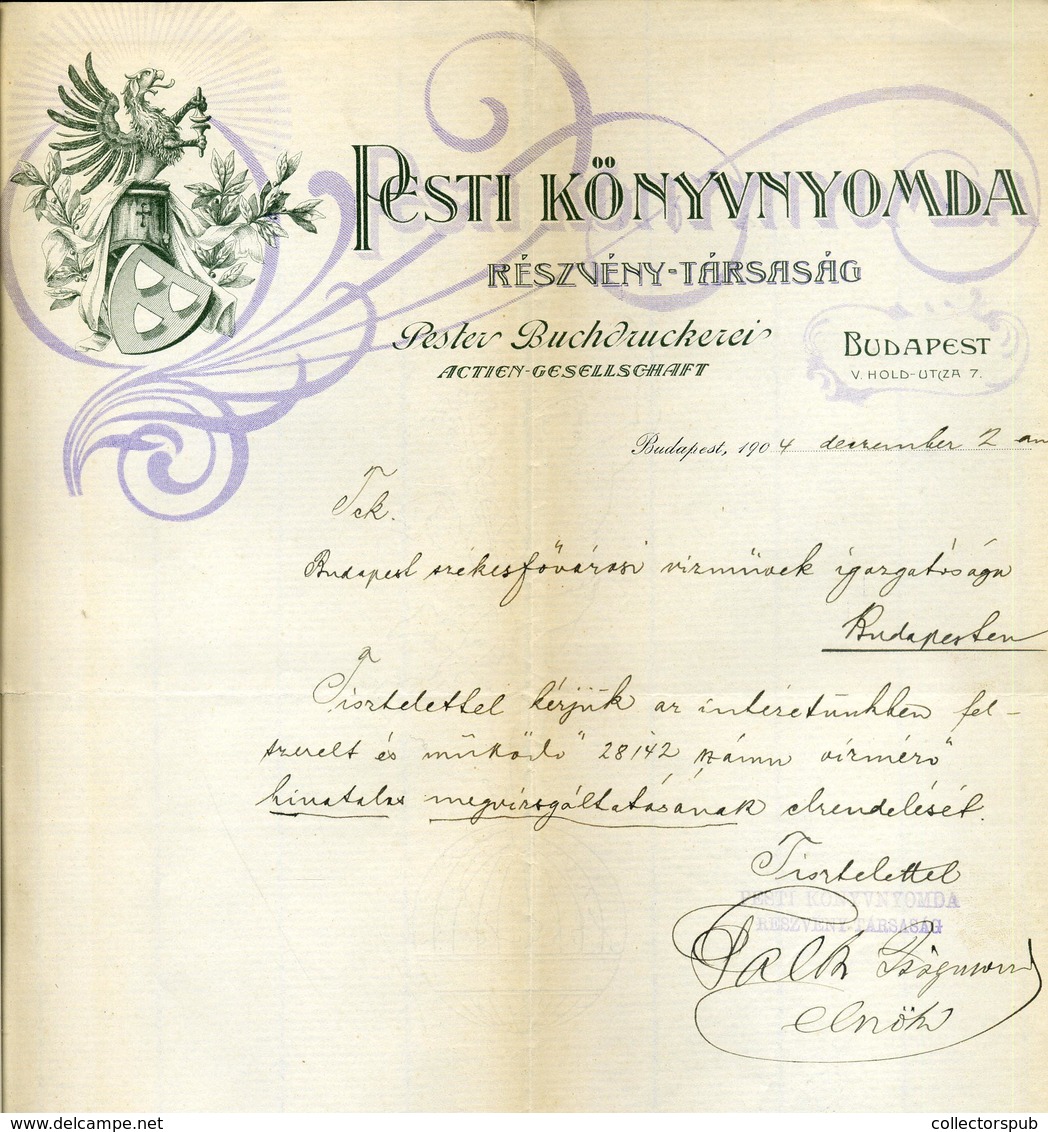 BUDAPEST 1904. Pesti Könyvnyomda Fejléces Céges Levél , Falk Zsigmond , író,szerkesztő Sk. Aláírásával  /  Book Printing - Zonder Classificatie