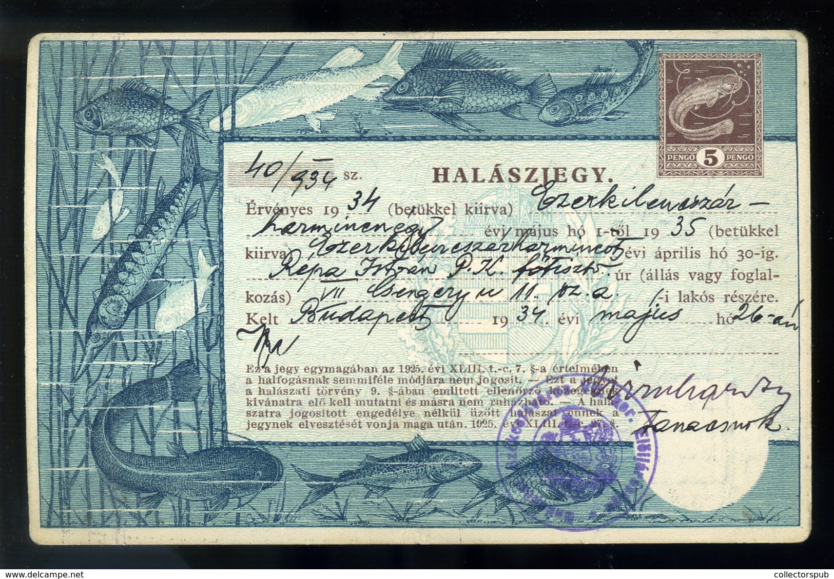 BUDAPEST 1934. Halászjegy  /  Fishing Ticket - Unclassified